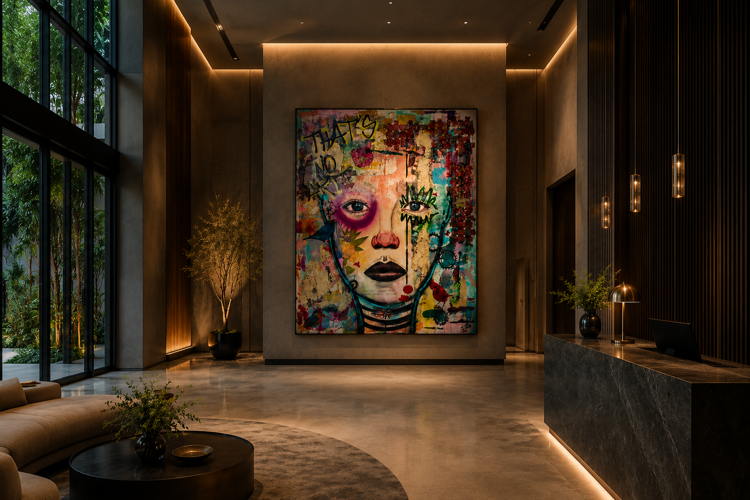Großformatiges zeitgenössisches Portraitkunstwerk von Maik Nowodworski in modernem Wohninterior.