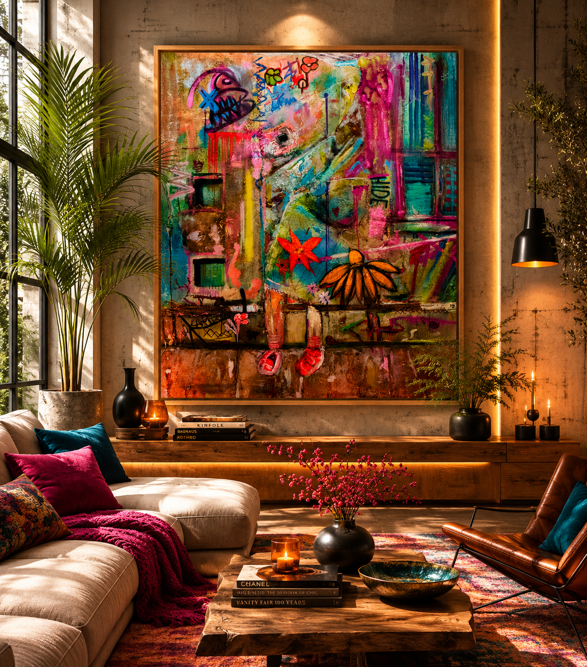 Mixed-Media-Kunstwerk mit floralen Elementen und expressiver abstrakter Bildsprache