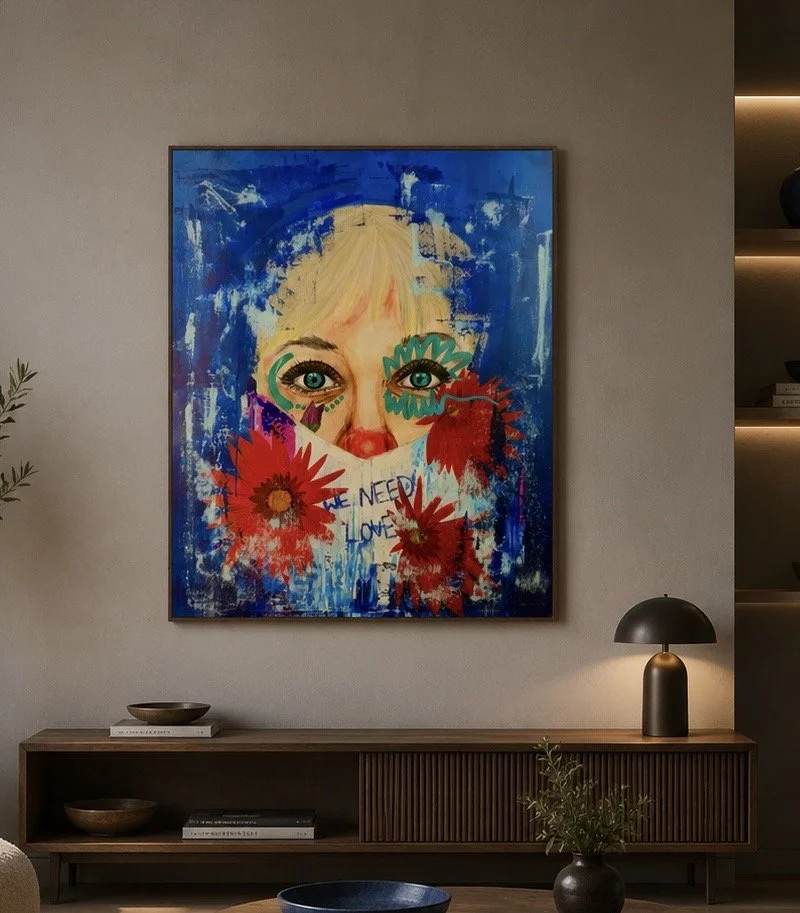 Zeitgenössisches Mixed-Media-Portrait mit intensiver Farbkomposition und moderner Kunstästhetik