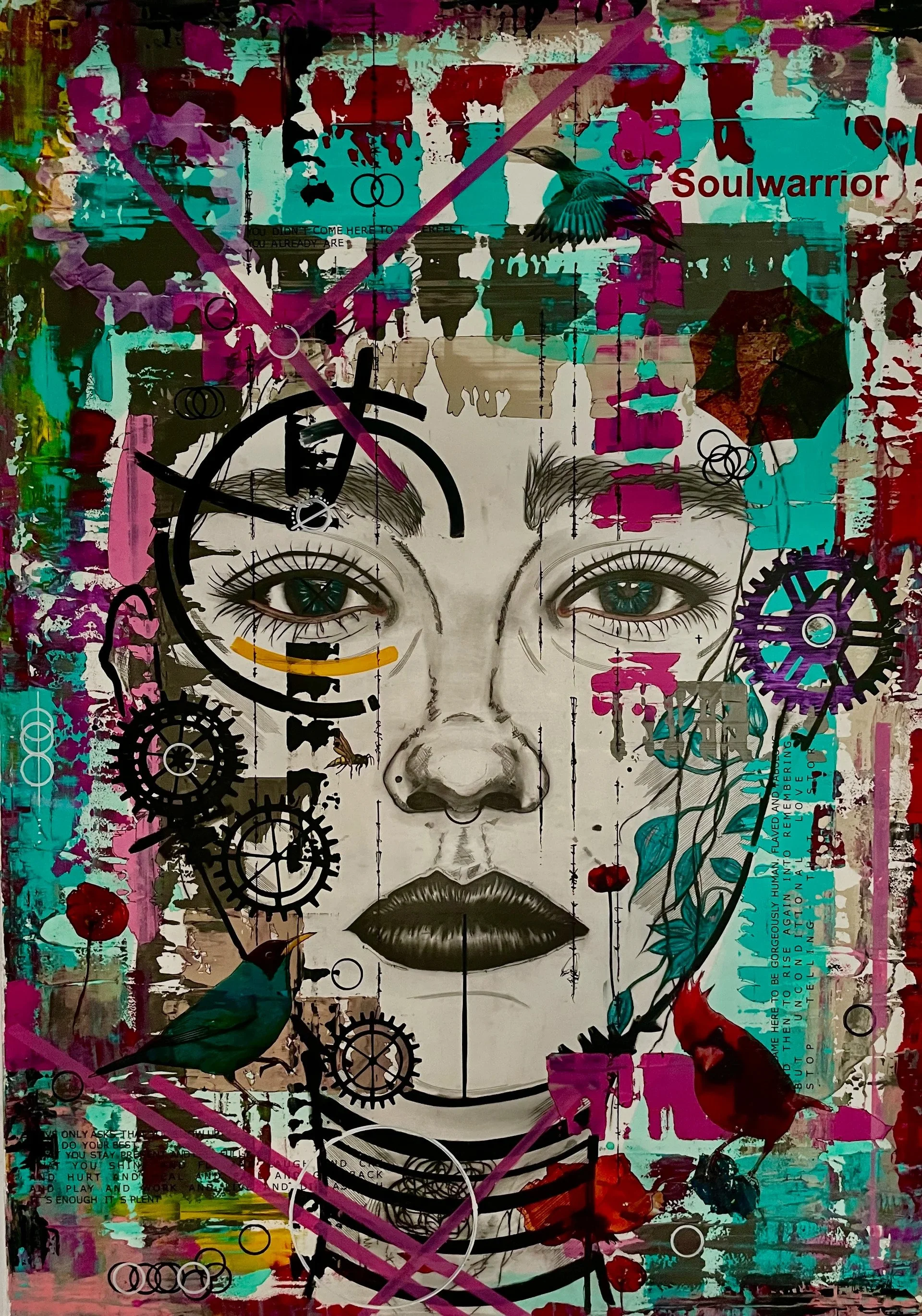 Großformatiges Mixed-Media-Kunstwerk ‚Soul Warrior II‘ von Maik Nowodworski in der Tageslichtansicht mit expressiver zeitgenössischer Bildsprache
