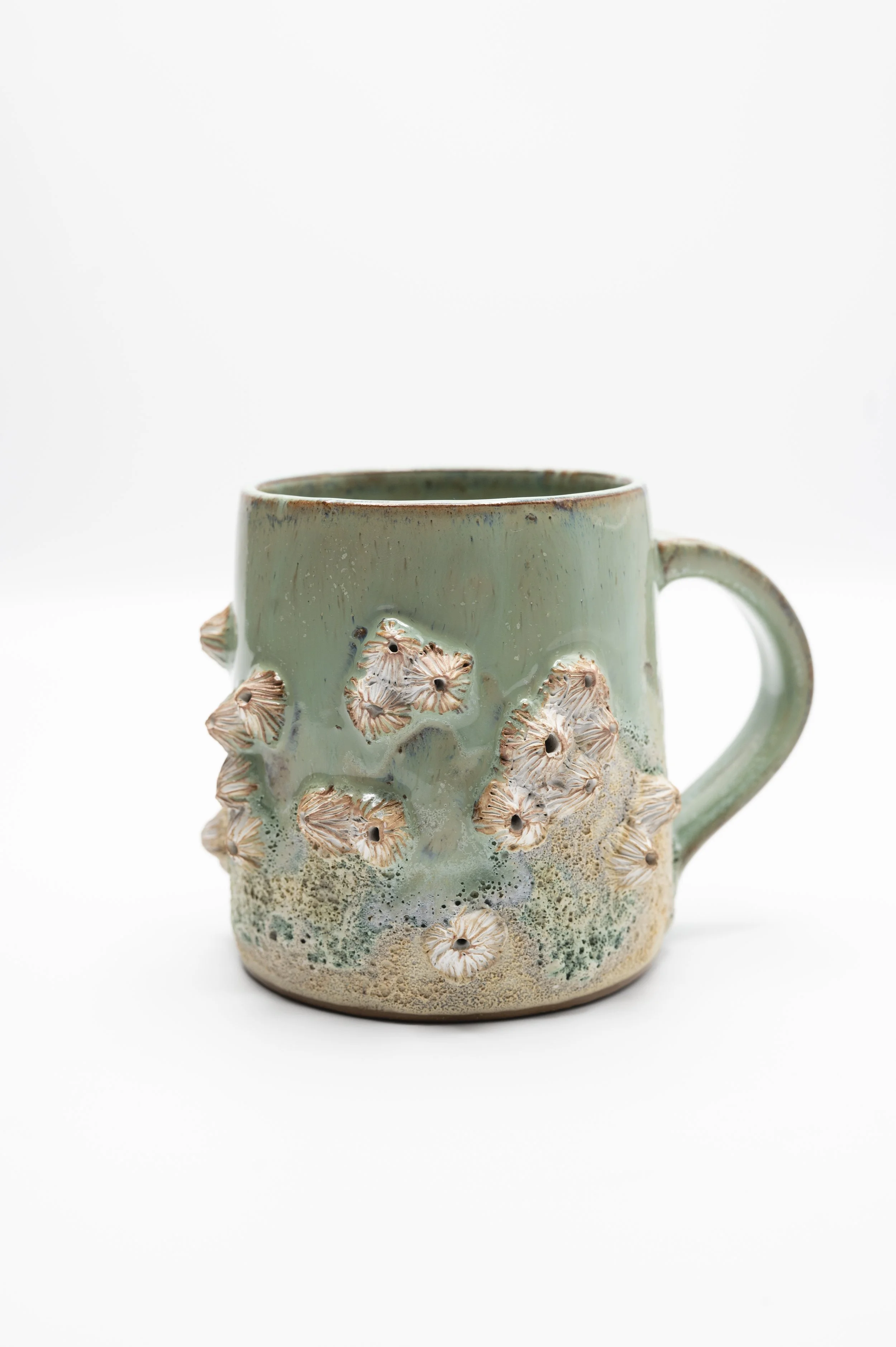 A ceramic mug with a light green glaze, decorated with textured, peach-colored flower-like patterns and a sandy textured base, set against a plain white background.