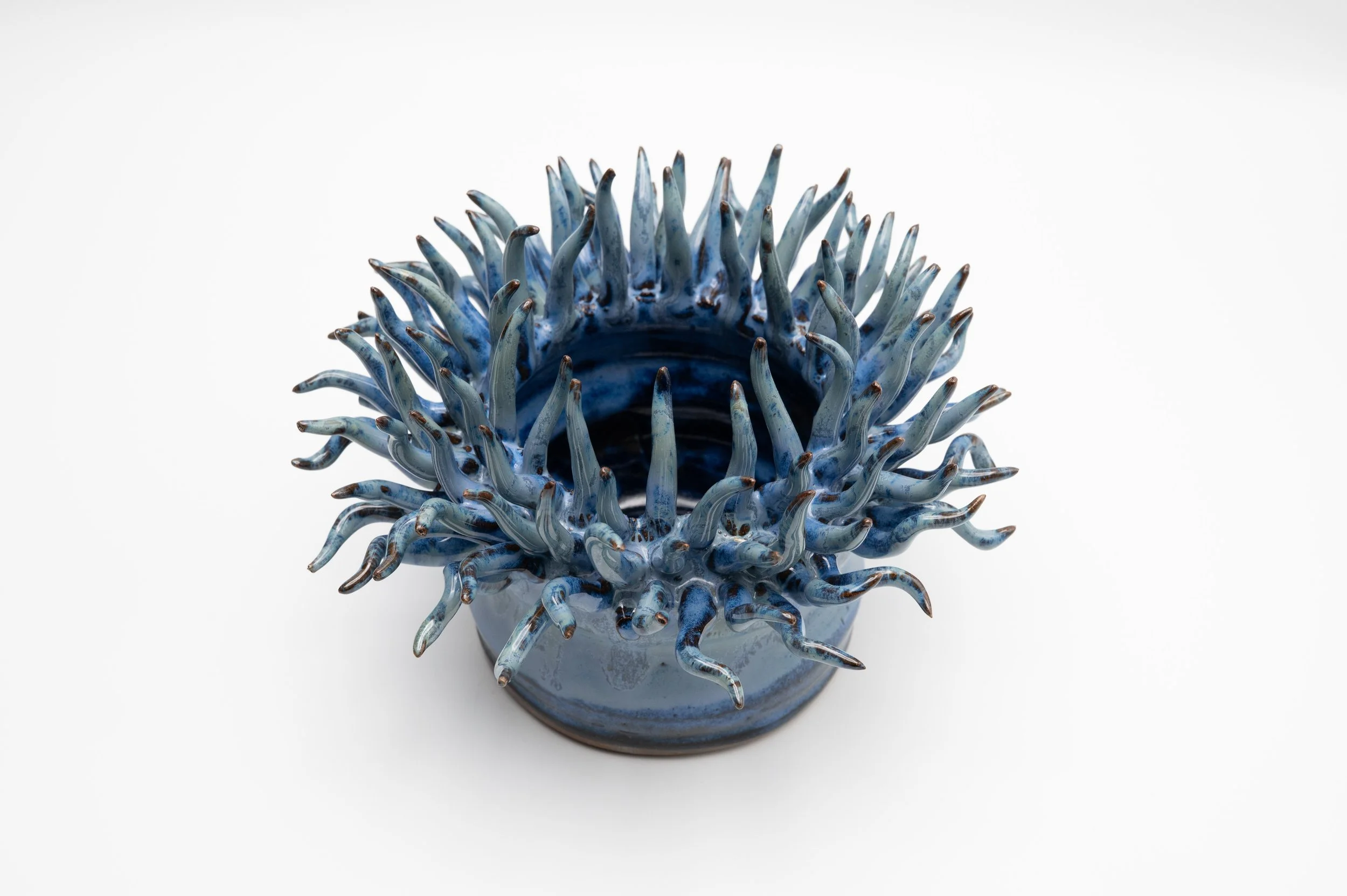 Blue ceramic sculpture with elongated, tentacle-like spikes arranged in a circular pattern, placed in a matching blue base against a white background.