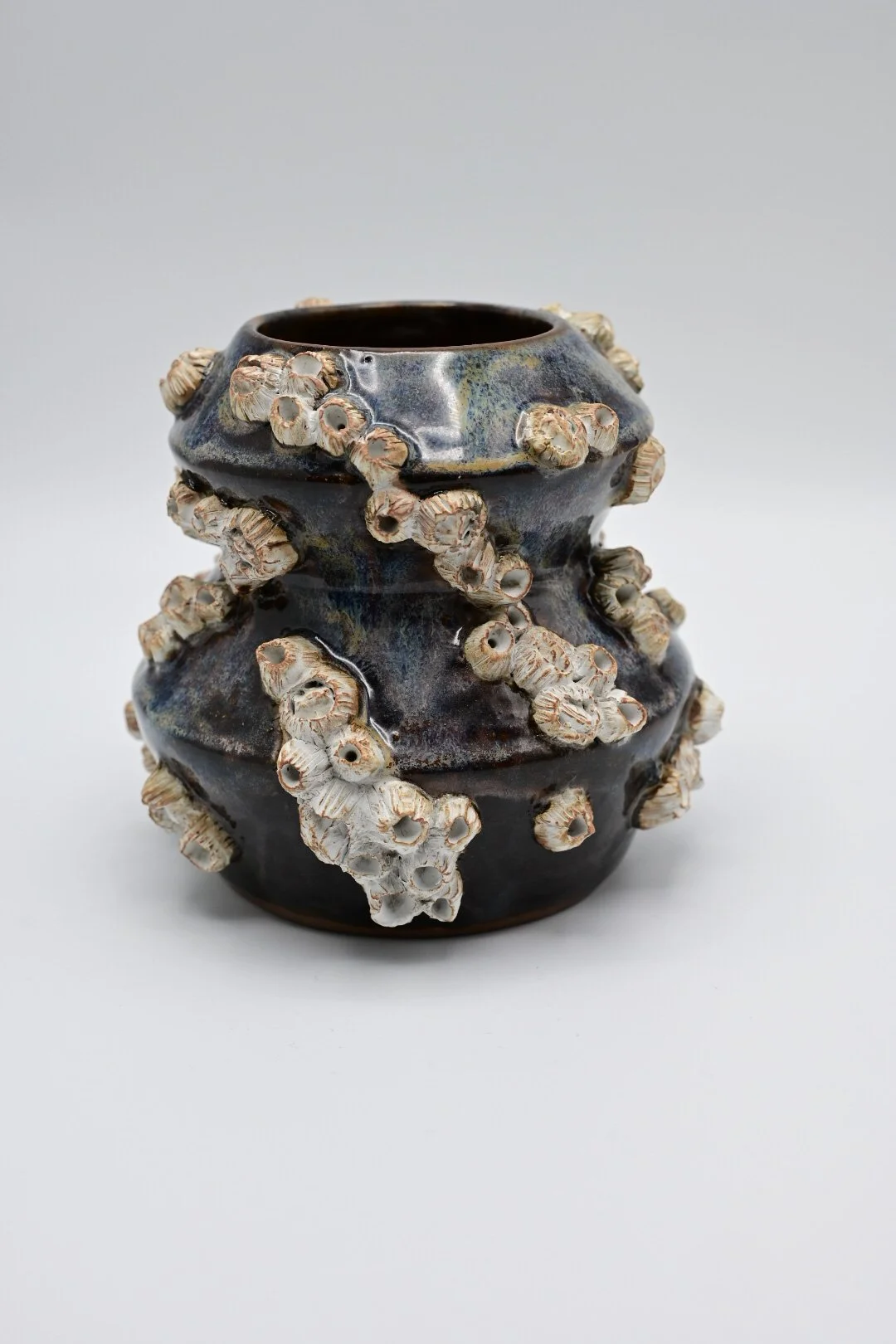 A ceramic vase with a dark, glossy glaze, decorated with numerous small, white, textured coral-like protrusions.
