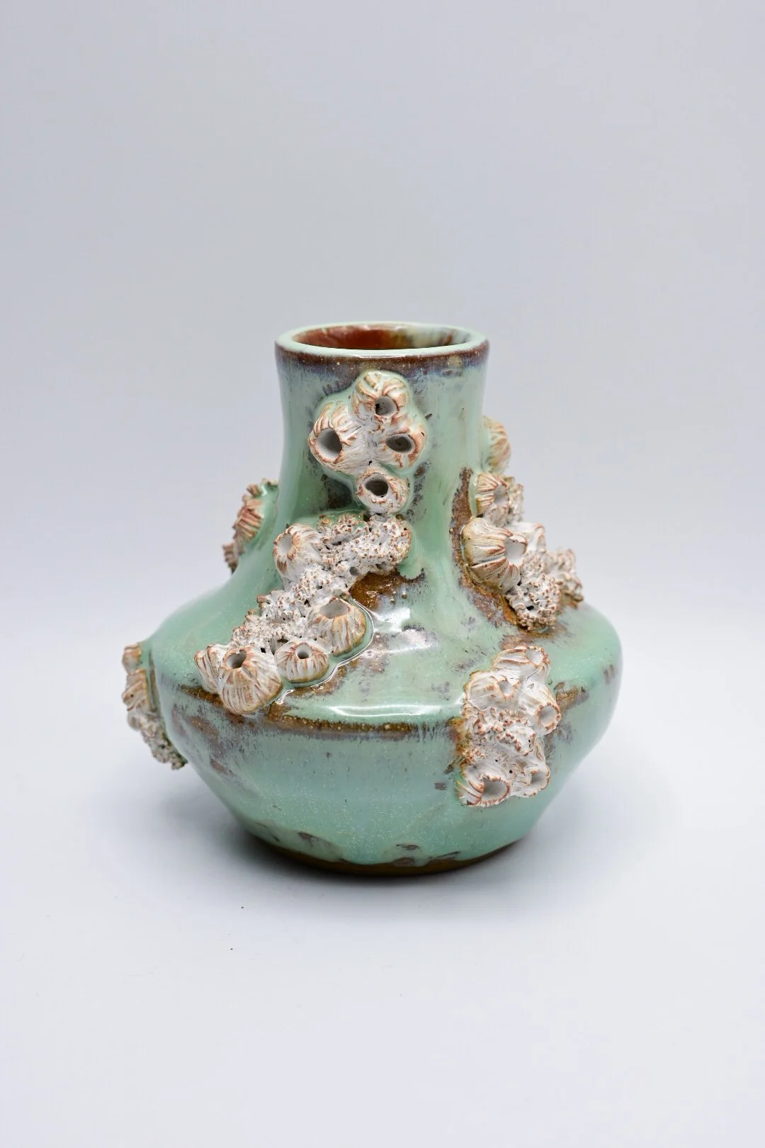 Ceramic vase with a light green glaze and decorative coral and shell-like accents protruding from its surface.