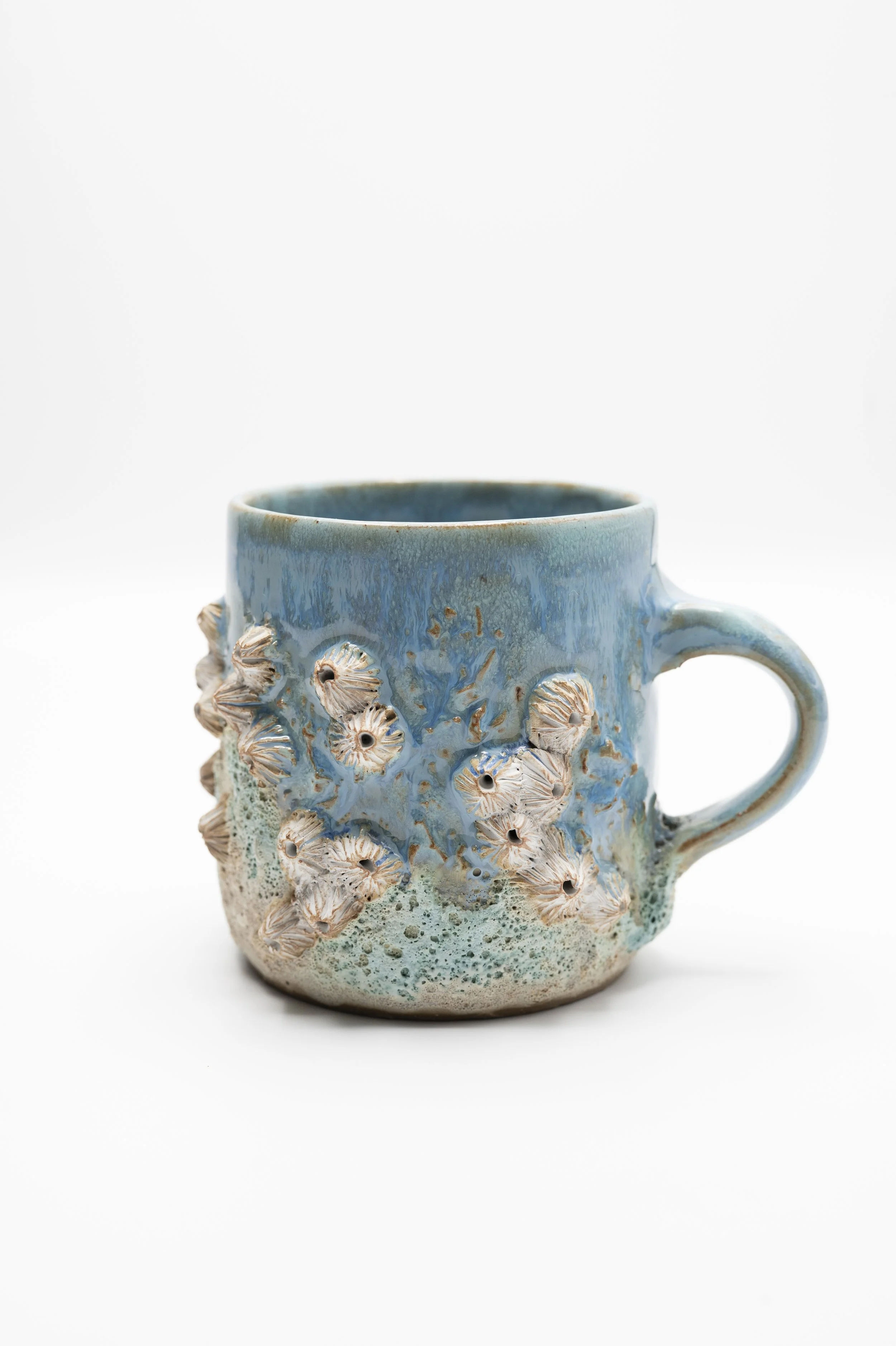 A ceramic mug with a light blue glaze, decorated with raised, white and orange sea shells on its surface, set against a plain white background.