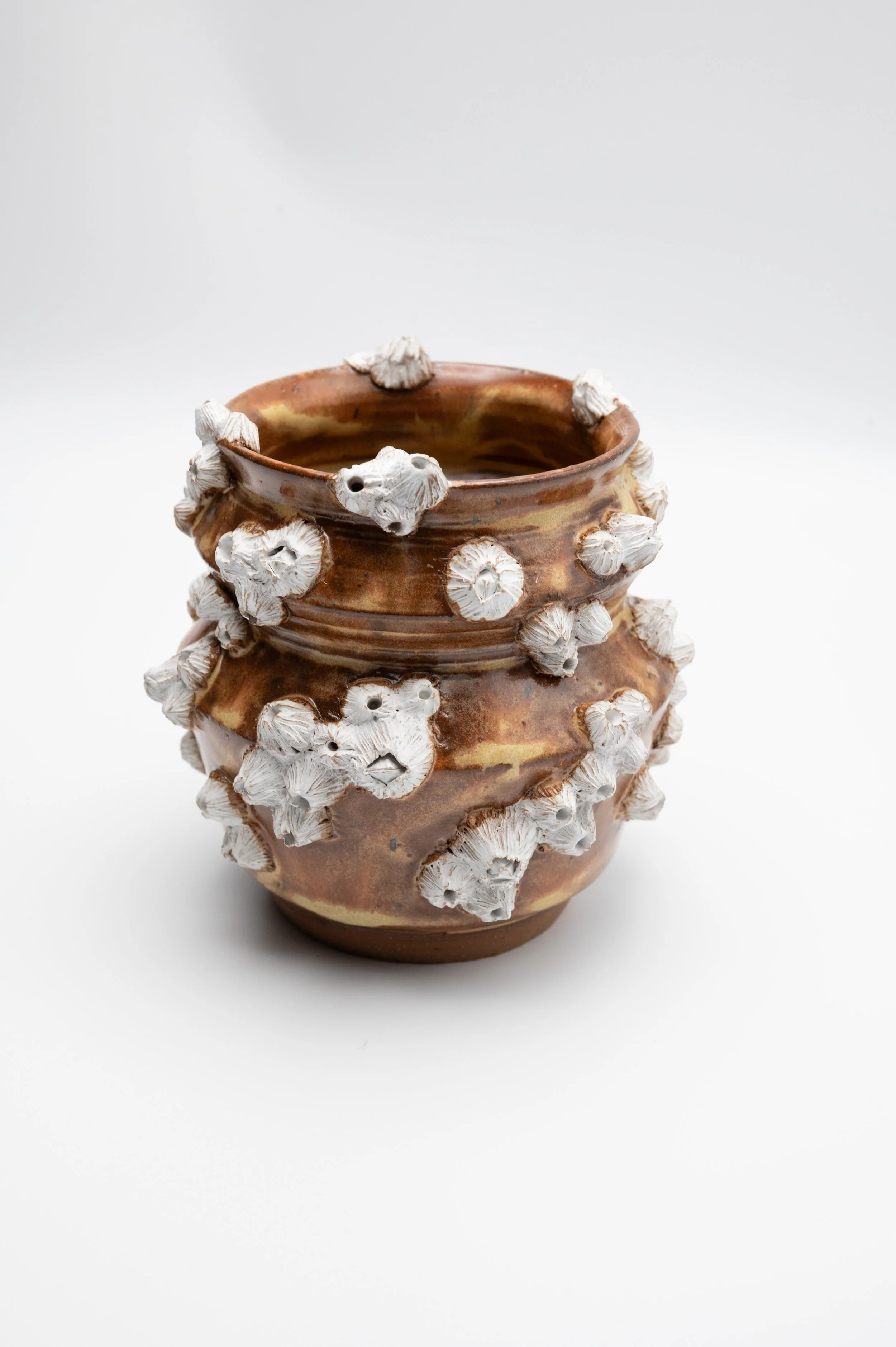 A ceramic vase with a brown, glazed finish is decorated with hand-sculpted barnacles  attached around its body and neck.