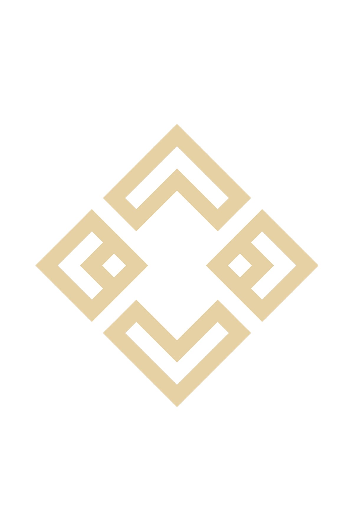 A black background with a beige geometric symbol composed of interconnected squares and lines.