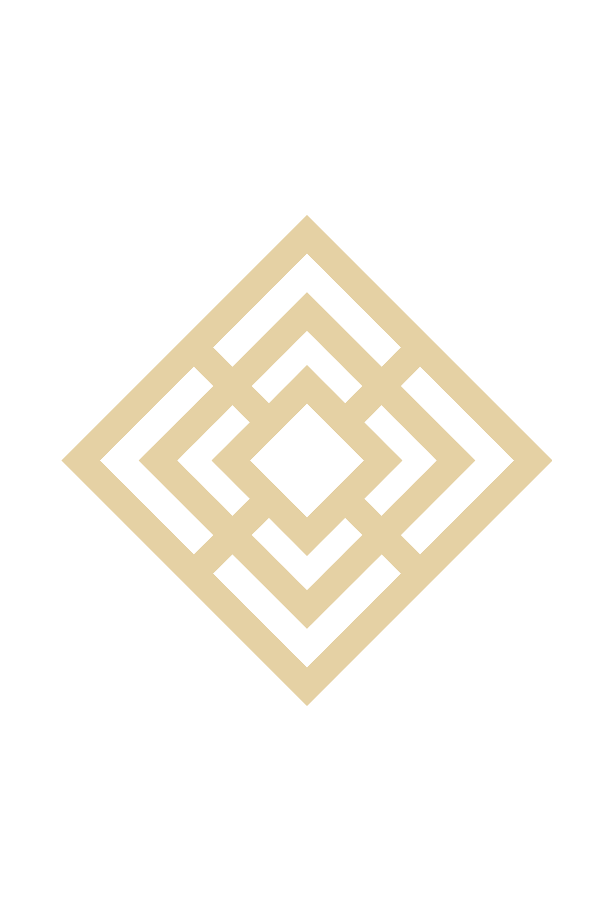 A black background with a beige geometric pattern of layered diamonds and lines.