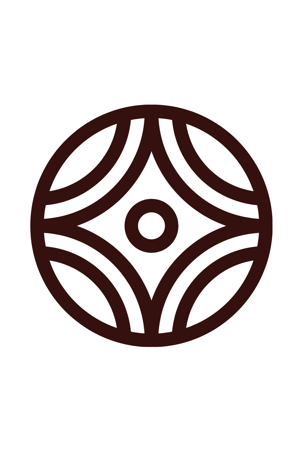 A minimalist, geometric circular design with interconnected curved lines forming a symmetrical pattern in a dark red-brown color on a black background.