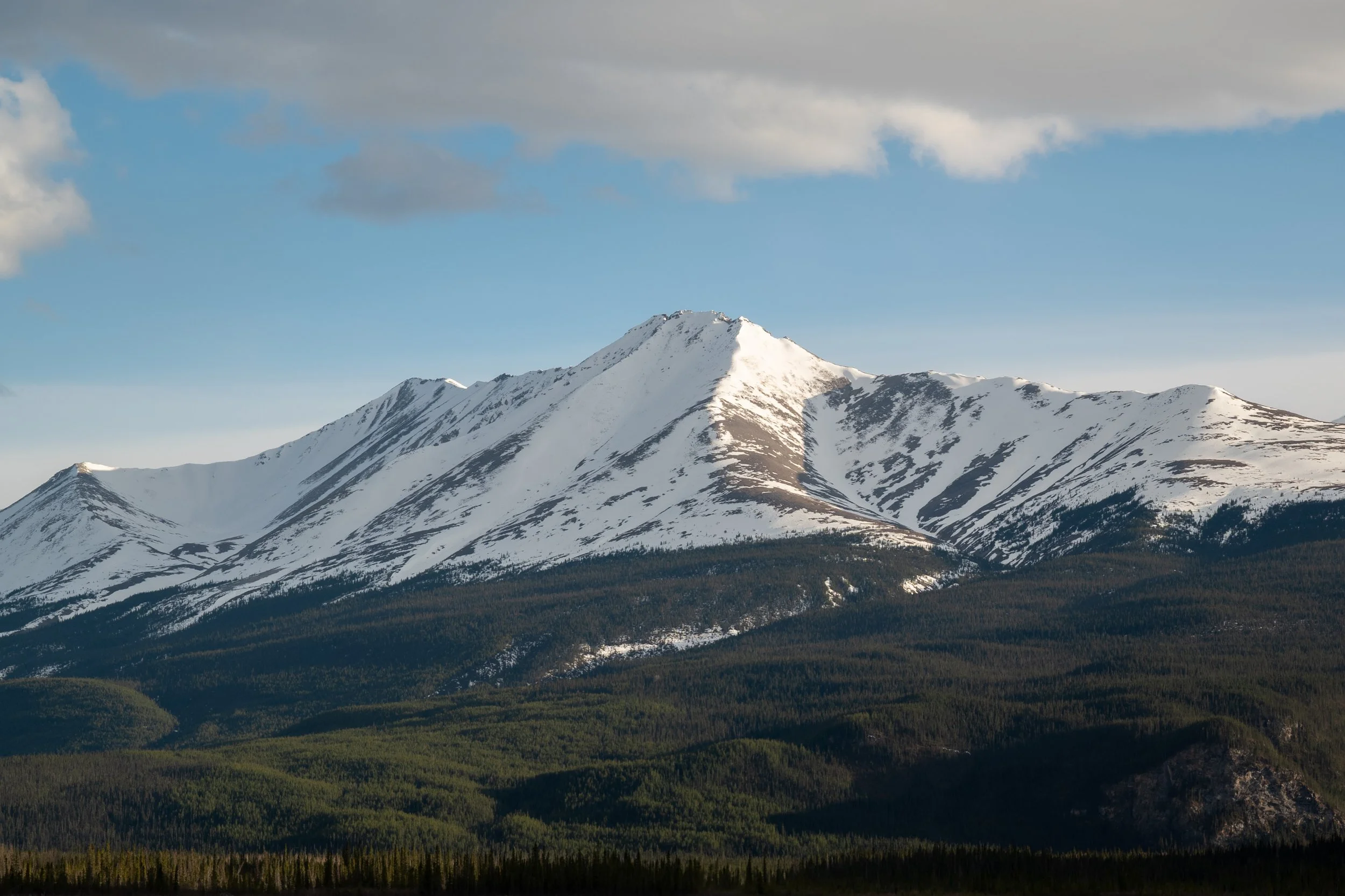 Snow-covered mountain range under a partly cloudy sky with green forested hills in the foreground.