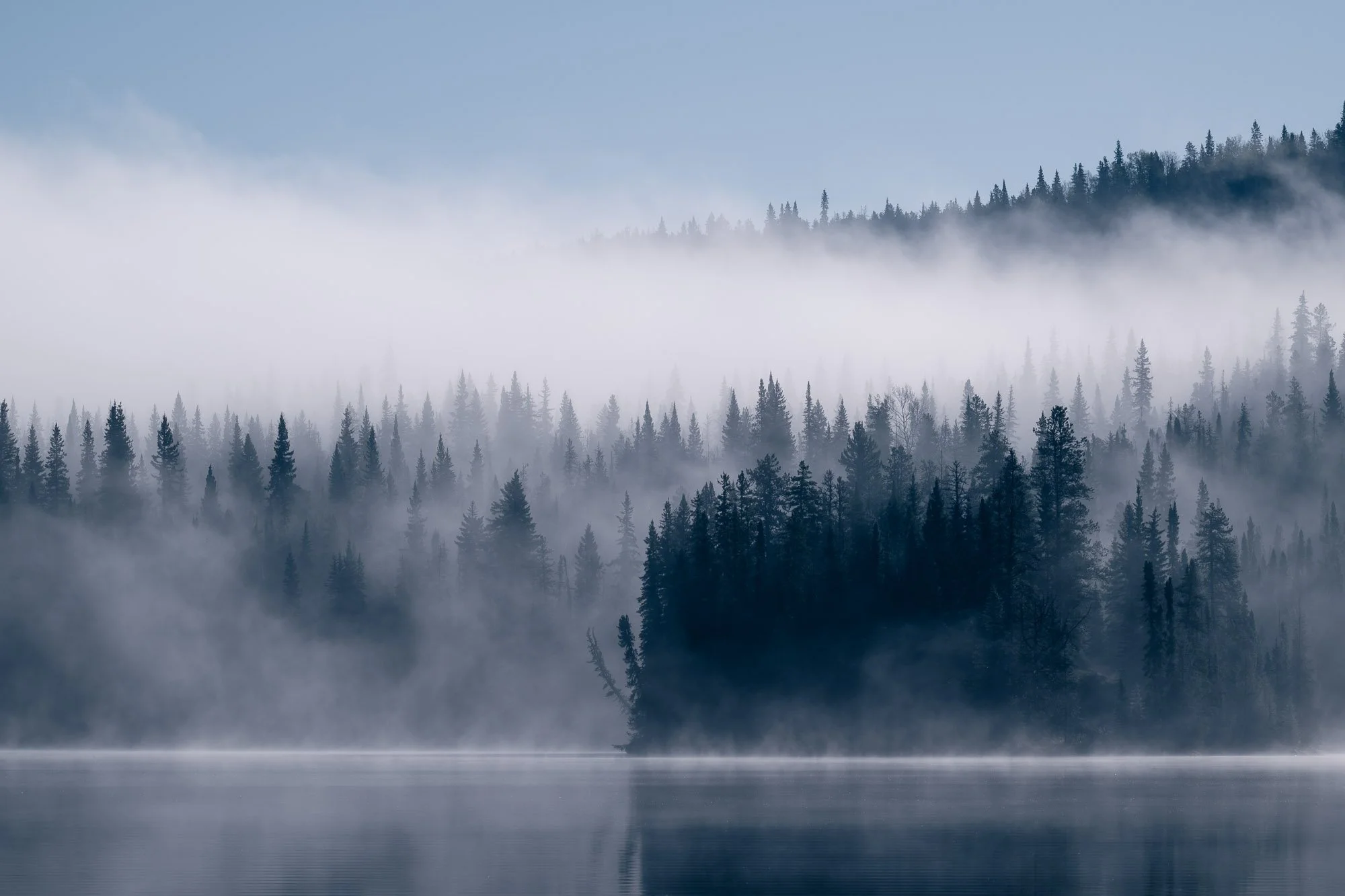 A foggy lake with a forest of tall pine trees on the shore and in the distance, with mountains and a partly cloudy sky in the background. British Columbia, Canada