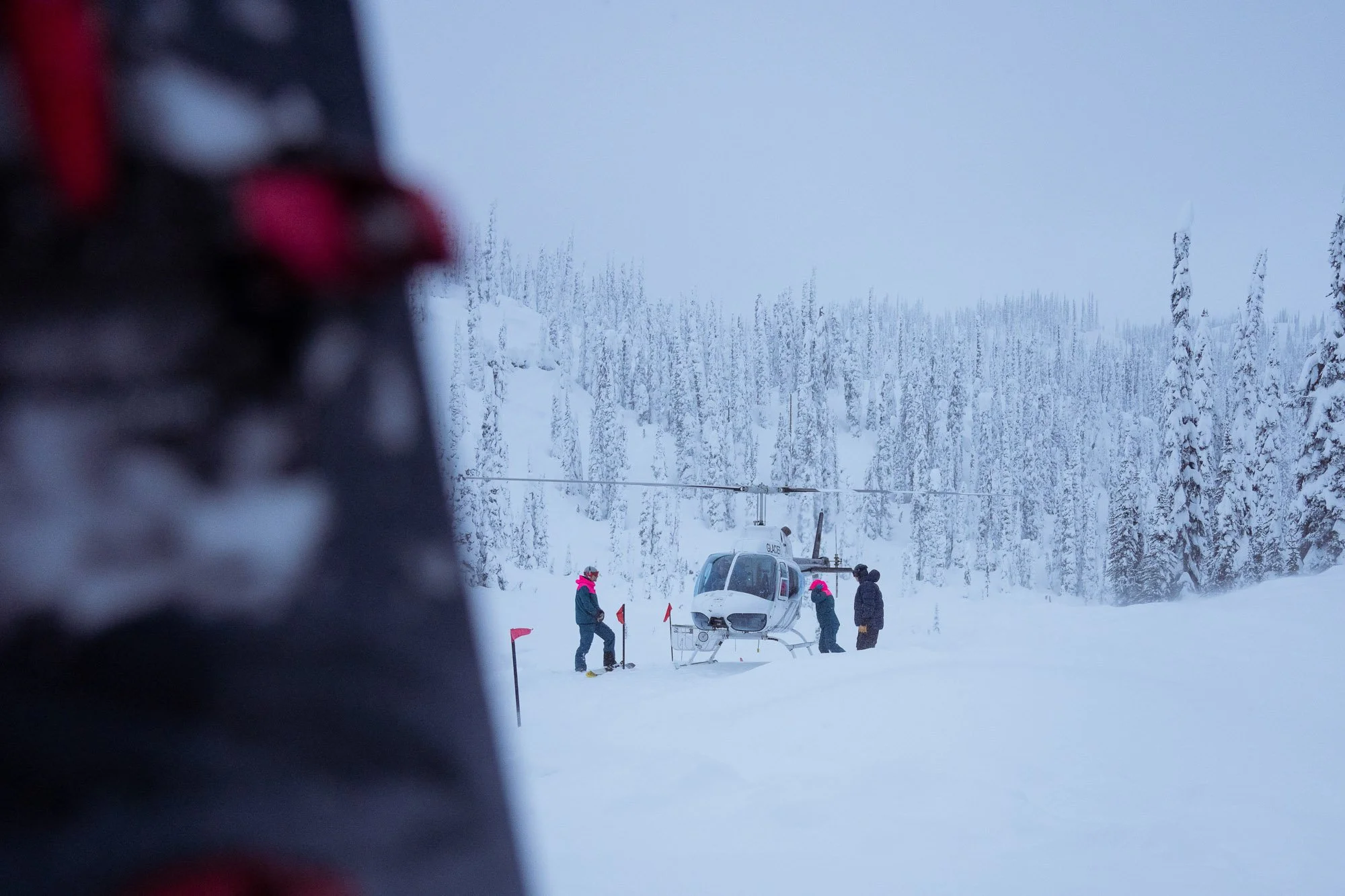 Snow-covered landscape with a helicopter and four people dressed in winter gear, some wearing pink and black, near red flags in the snow, surrounded by tall snow-covered trees. Blanket Glacier - BC, Canada