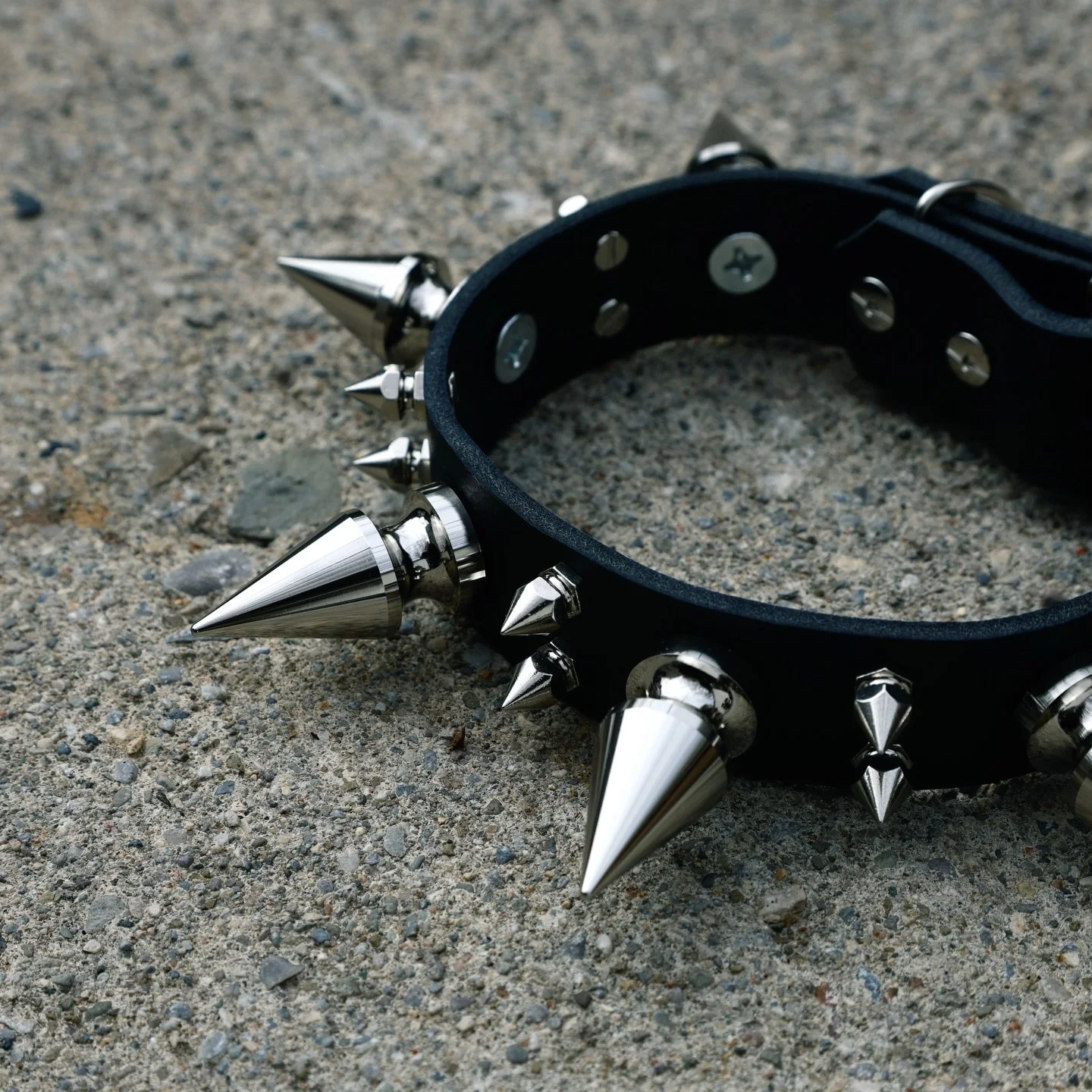 BITE CHOKER - $85 
Shorter midi tree spikes and alternating  mini spikes on 7oz veg tan leather. This one&rsquo;s pretty cute

Available online g-ore.com