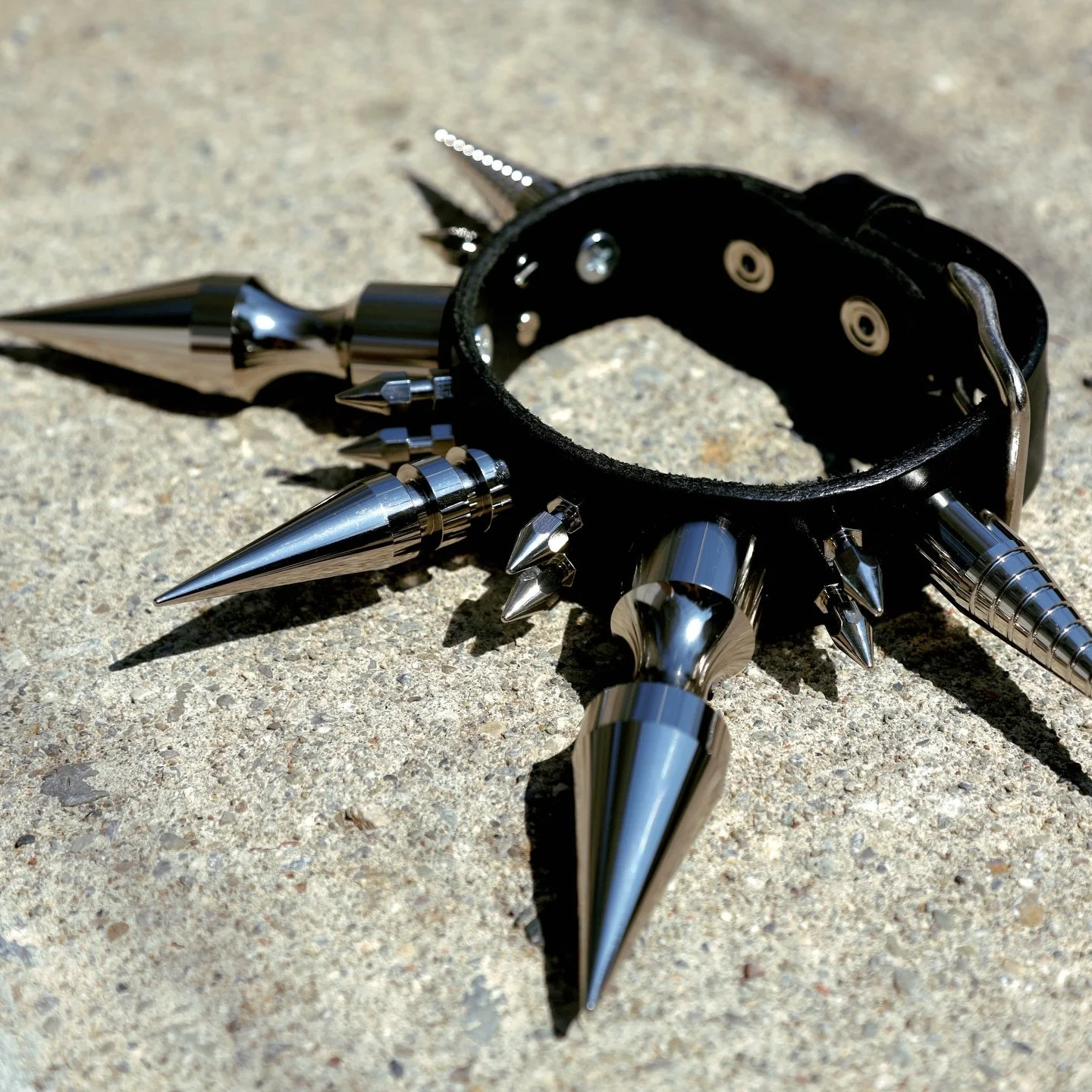 HAZARD CHOKER - $100

Available online. Made with a recycled leather belt and XL spikes. Quite heavy, quite hazardous. Definitely can&rsquo;t bring this to big venue shows or you get rejected at the gate. I may or may not be speaking from experience.