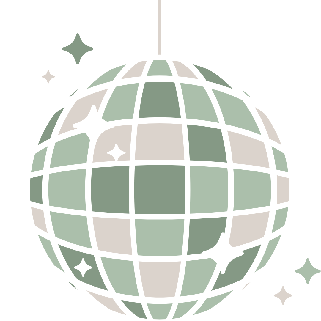 Illustration of a hanging disco ball with green and beige tiles surrounded by twinkling stars.