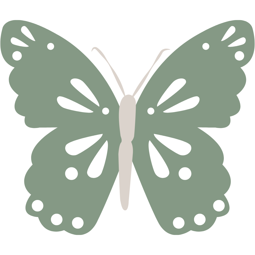 Illustration of a green butterfly with white markings and simple shapes on its wings.