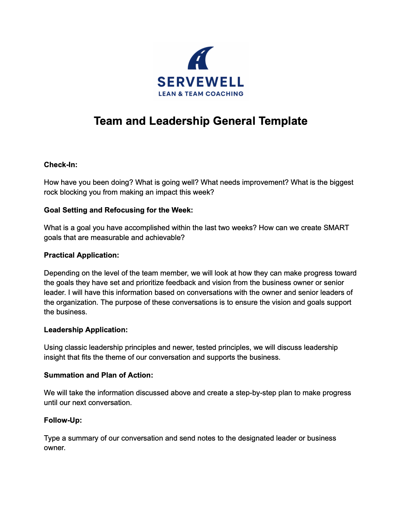 A document titled 'Team and Leadership General Template' from ServeWell Lean & Team Coaching with sections for check-in, goal setting, practical application, leadership, action plan, and follow-up.