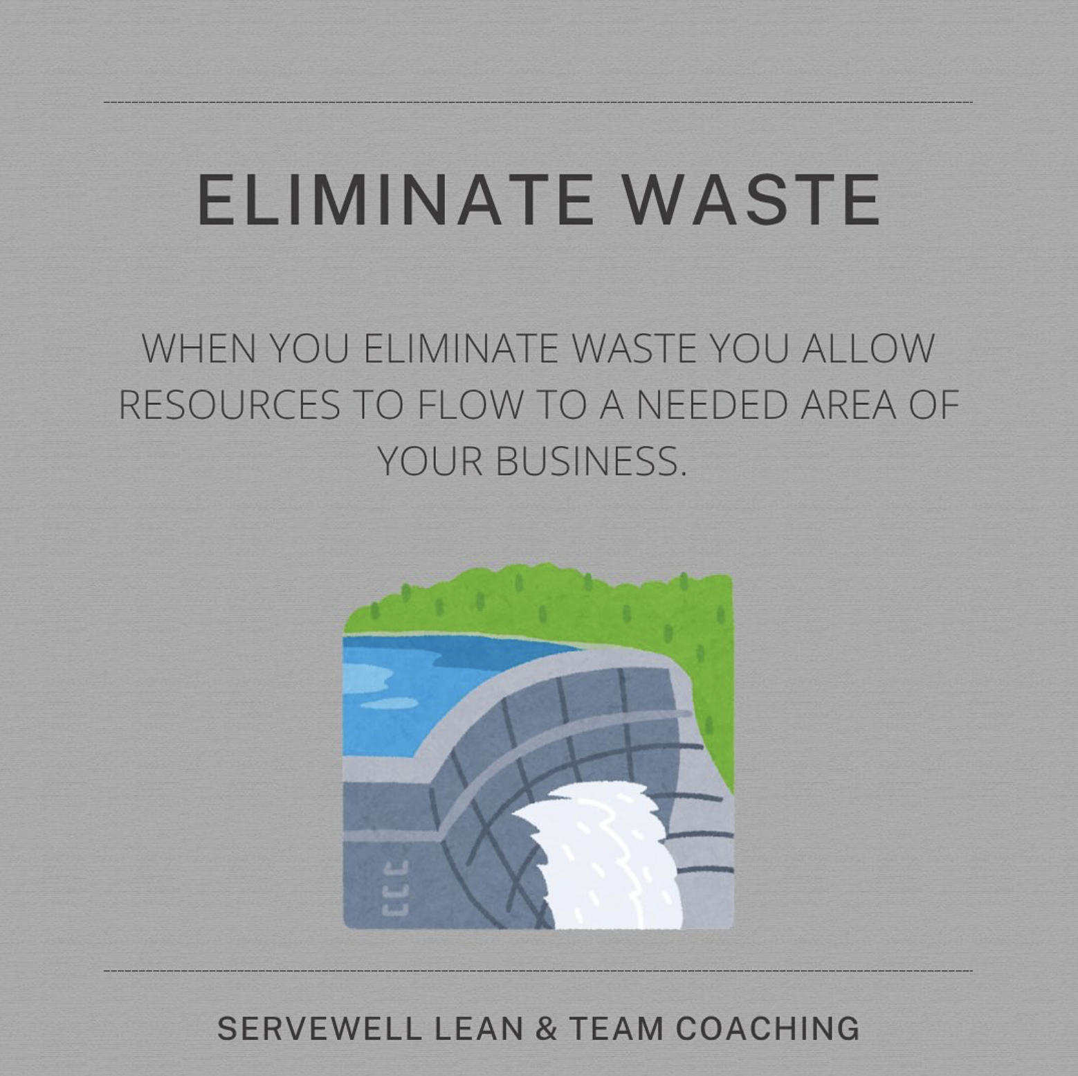 Text that reads 'ELIMINATE WASTE' followed by 'When you eliminate waste you allow resources to flow to a needed area of your business.' An illustration of a hydroelectric dam releasing water, with green trees in the background.