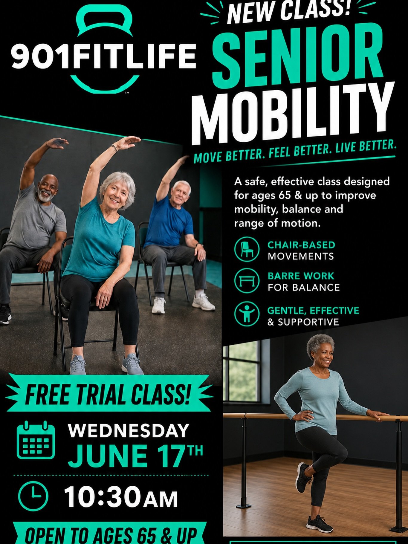 🌟 NEW CLASS ALERT for Active Adults 65+! 🌟

Looking to improve your balance, mobility, flexibility, and overall movement? Join us for our new Senior Mobility Class at 901FitLife!

This class is designed specifically for adults 65+ and includes chai