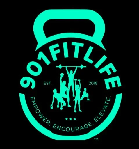 Logo for 9Zero1 Fitness with silhouettes of people lifting weights and exercising, a kettlebell design, and the motto "Empower. Encourage. Elevate."