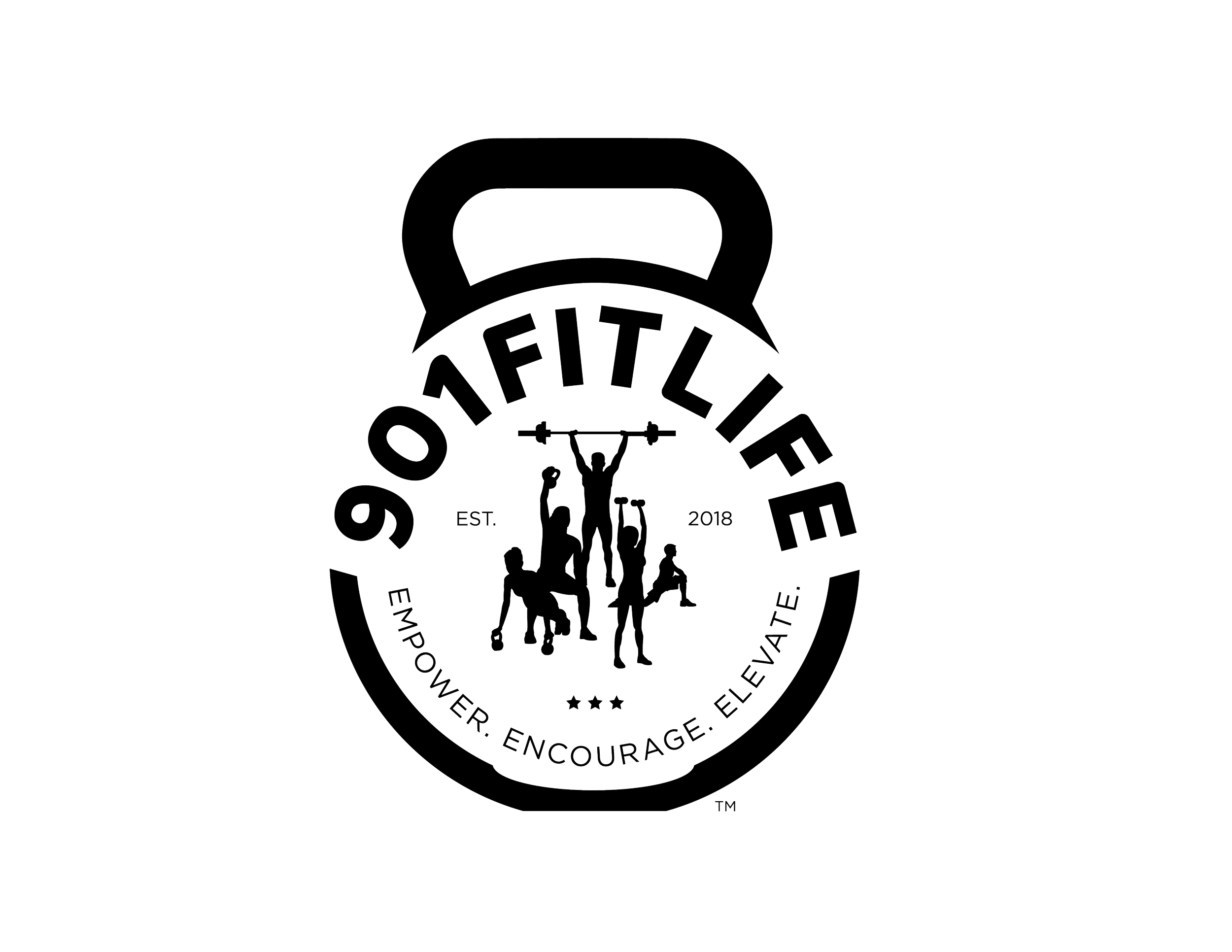 Logo for 901FitLife featuring a kettlebell, silhouettes of people lifting weights, with the text 'Est. 2018', and slogans 'Empower, Encourage, Elevate'.