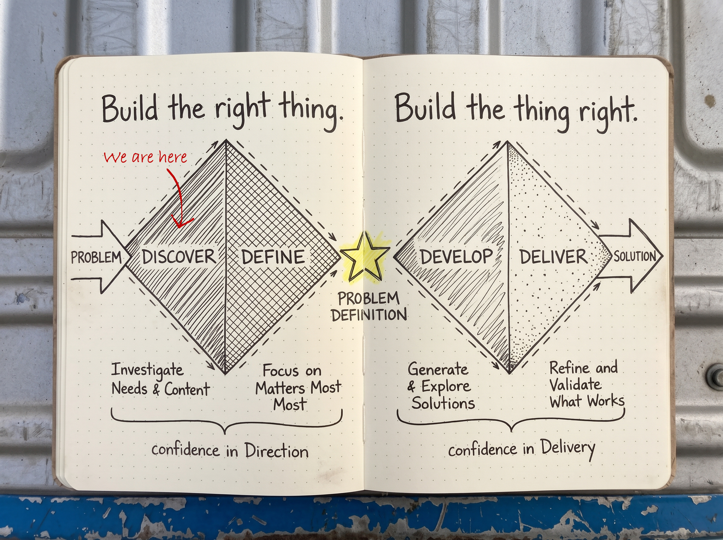 Double Diamond research diagram with a red handwritten arrow highlighting Discover, where customer needs and problems are investigated.