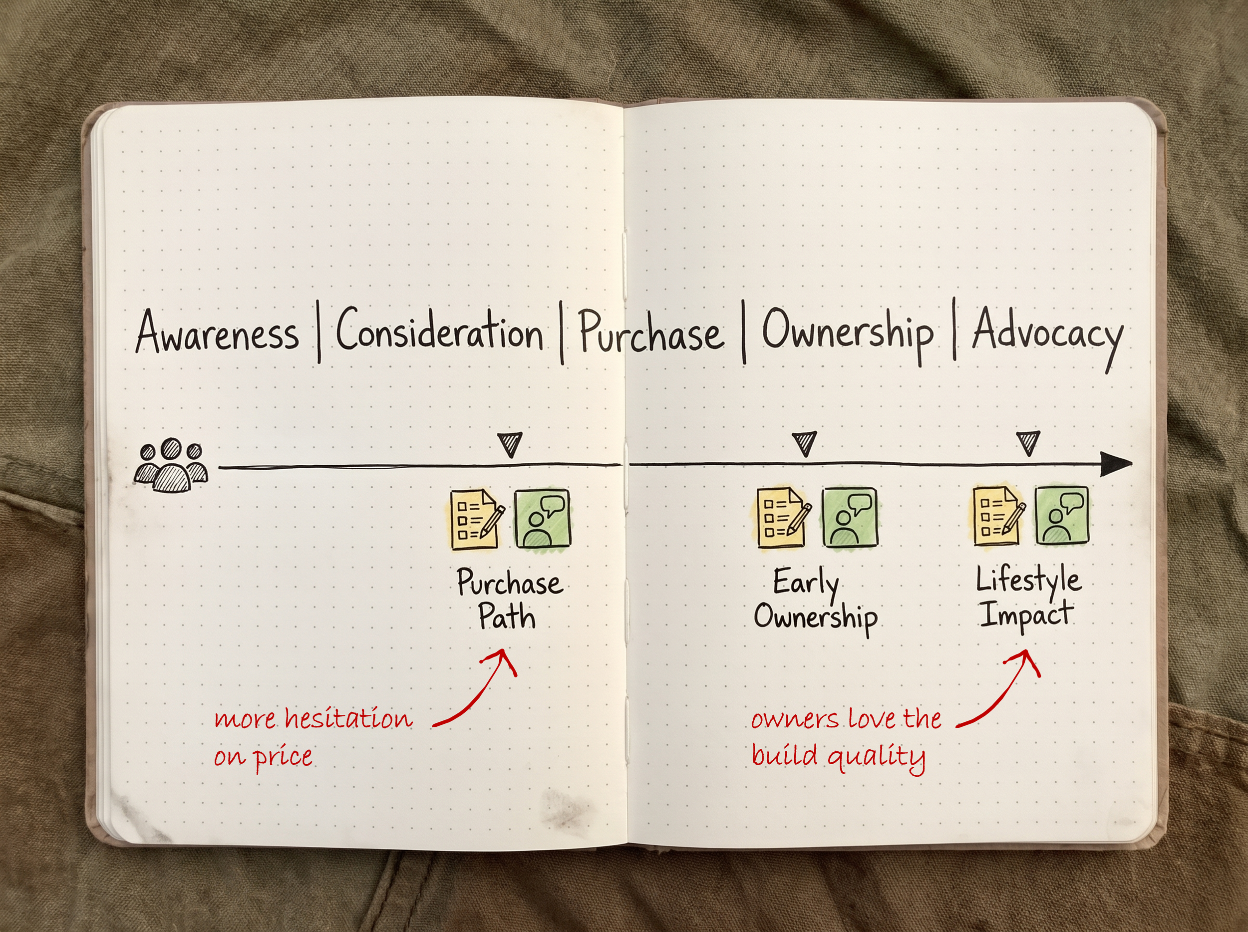 Annotated customer journey showing increased purchase hesitation alongside positive feedback about build quality from longtime Camp Lite owners.