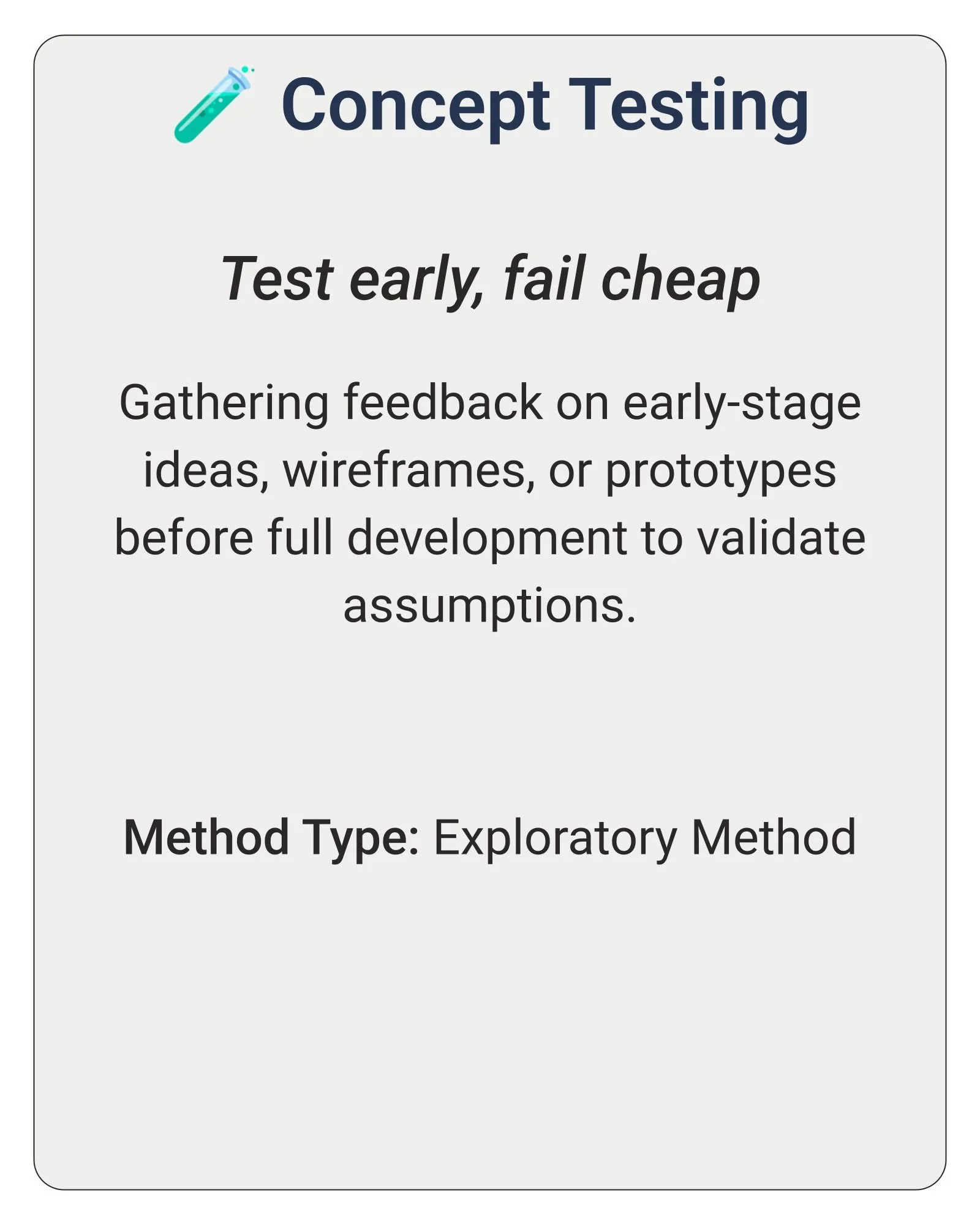Research in Action: 𝘔𝘦𝘵𝘩𝘰𝘥𝘴

🧪 𝗖𝗼𝗻𝗰𝗲𝗽𝘁 𝗧𝗲𝘀𝘁𝗶𝗻𝗴: Test Early, fail cheap