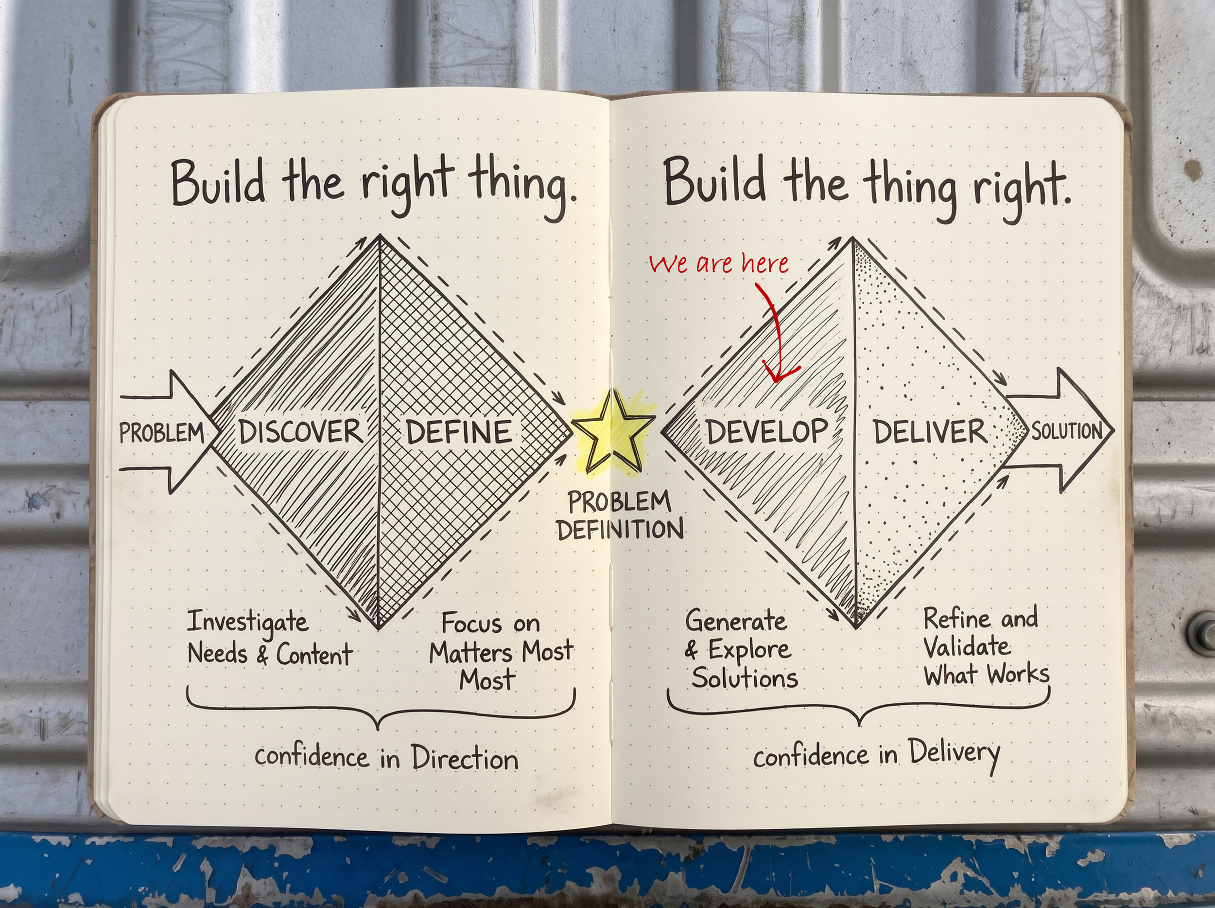 Double Diamond research diagram with a red handwritten arrow highlighting Develop, where potential solutions are generated and explored.