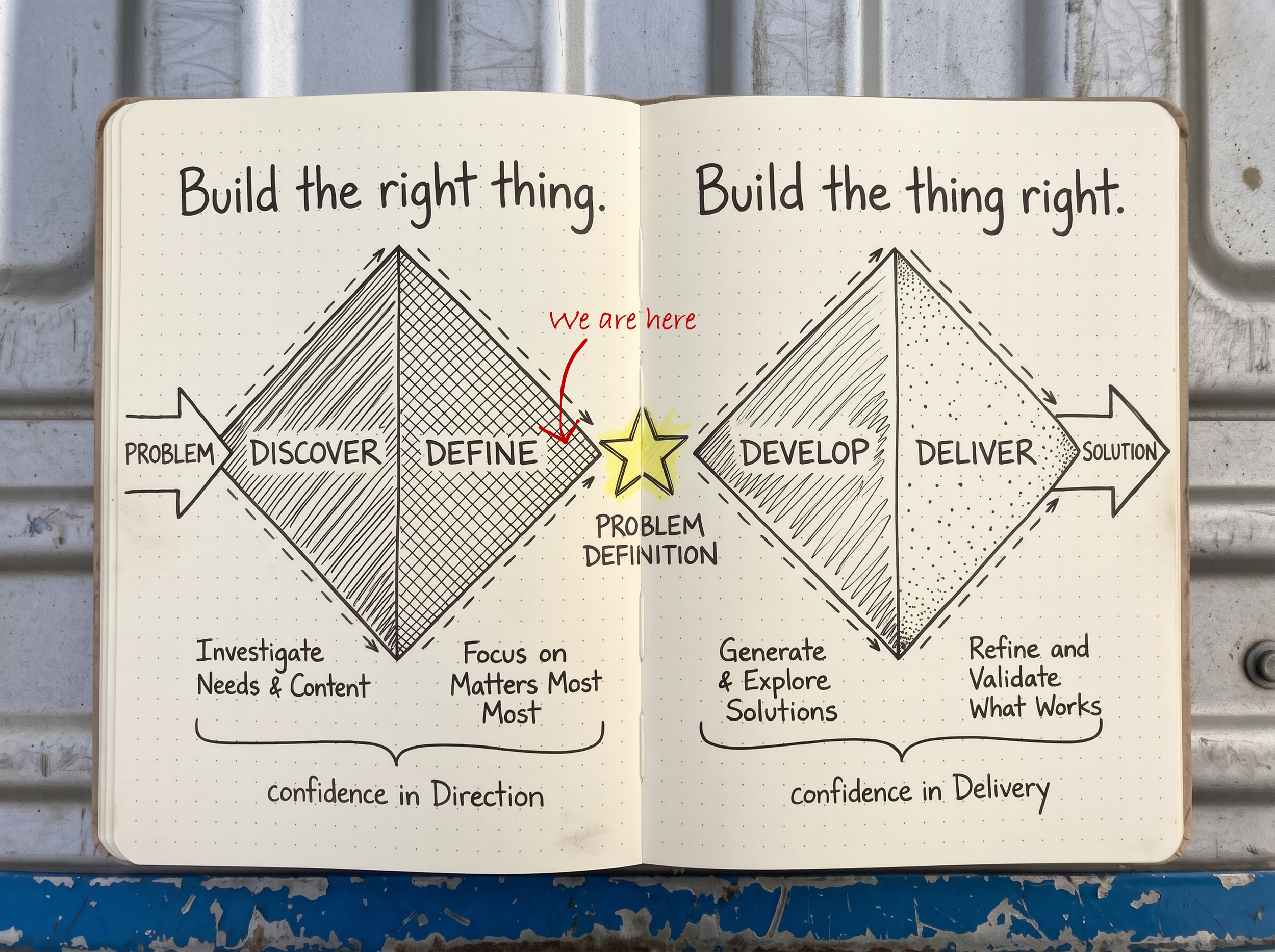 Double Diamond diagram with a red arrow near the end of Define, showing where Camp Lite's research has established a clearer problem to solve.