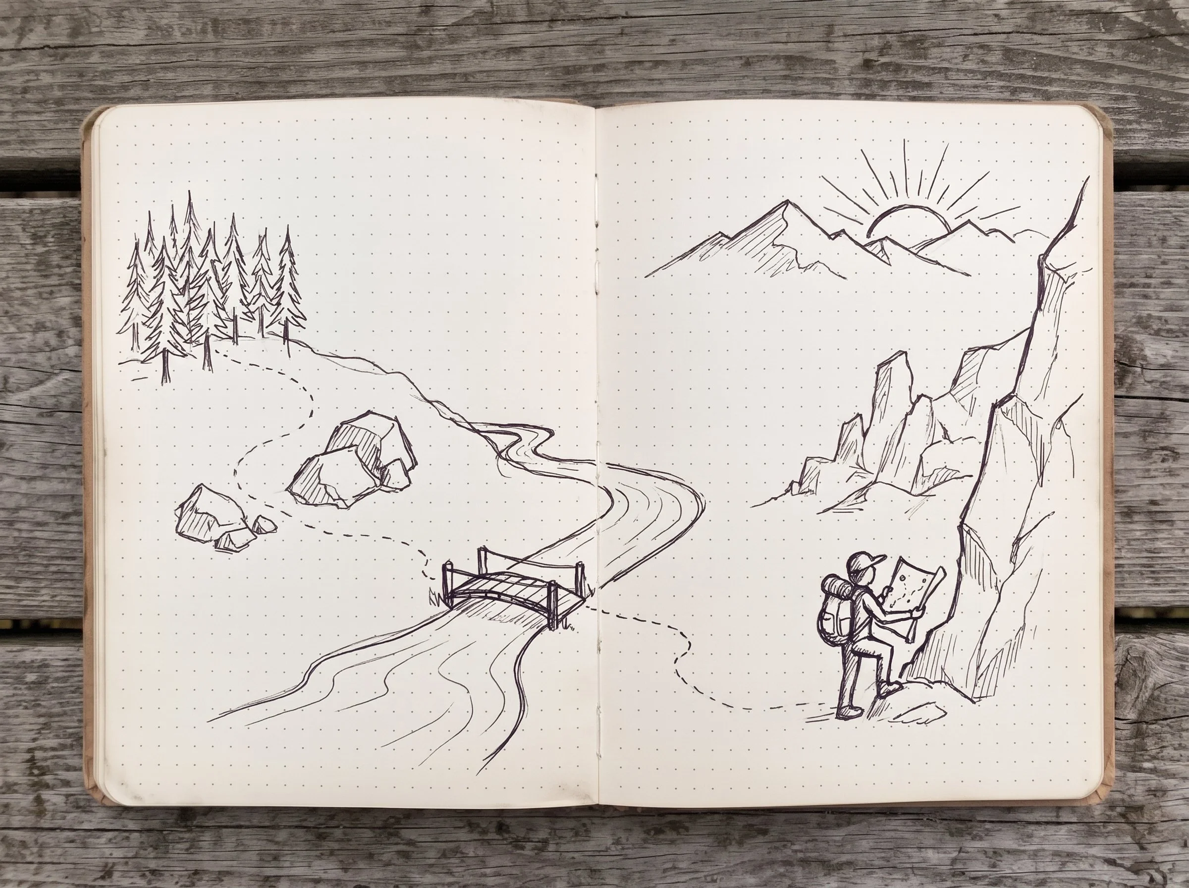 Field notebook illustration of a hiker studying a map beside a winding trail, river crossing, and mountain landscape.