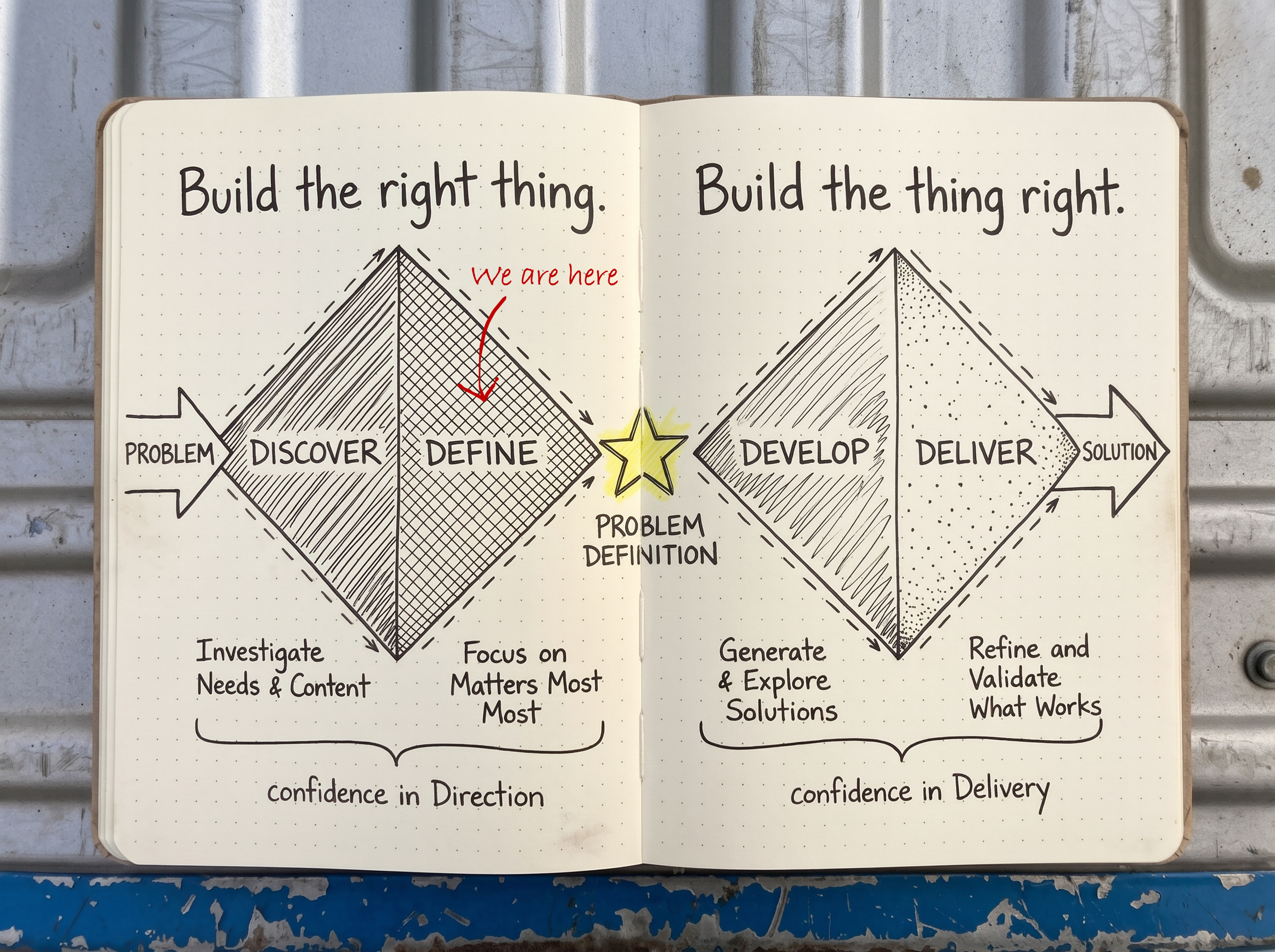 Double Diamond research diagram with a red handwritten arrow highlighting Define, where research findings help clarify the problem worth solving.