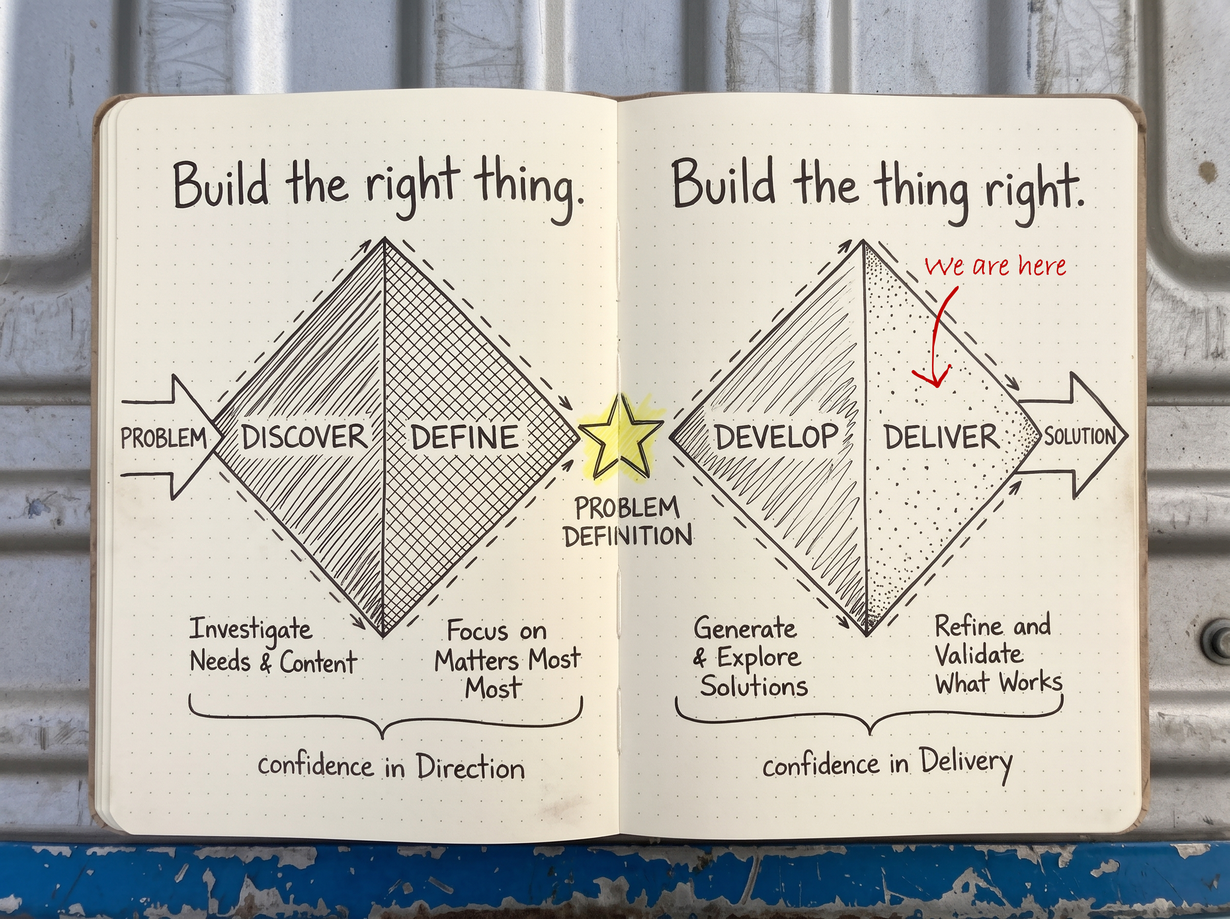 Double Diamond research diagram with a red handwritten arrow highlighting Deliver, where proposed solutions are evaluated and refined