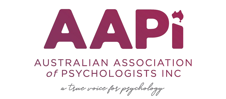 Logo of the Australian Association of Psychologists Inc with the text "AAPI" in large purple letters, and the tagline "a true voice for psychology" in cursive.