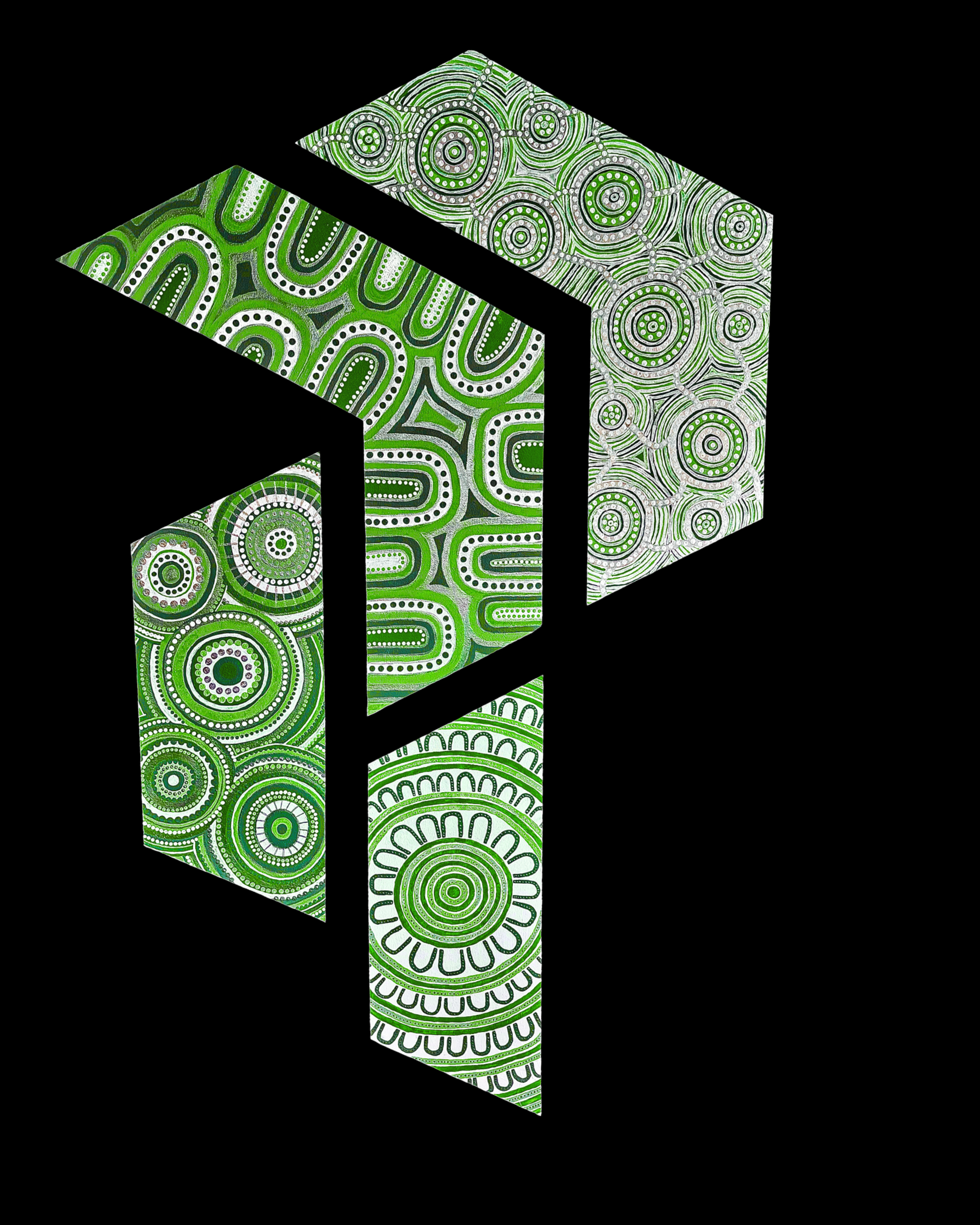 Abstract geometric pattern with green and white circular and curved designs on a black background.