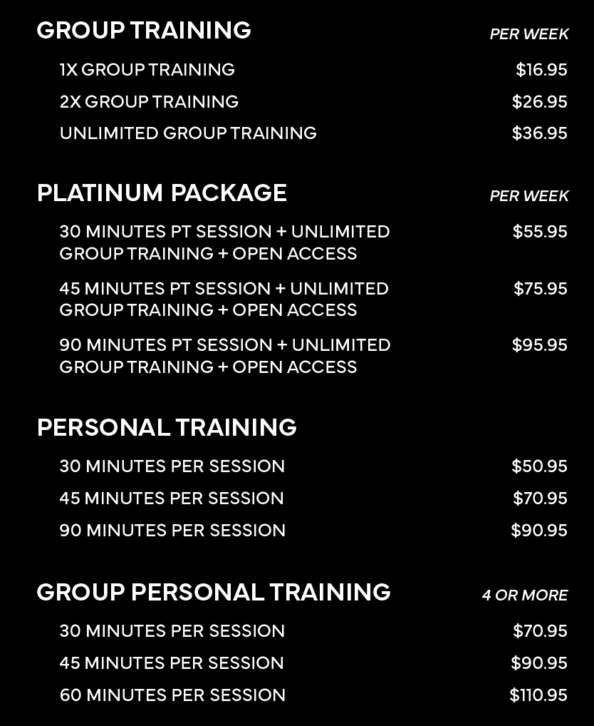 Fitness membership pricing details for group training, platinum package, personal training, and group personal training sessions, with prices listed per week or per session.