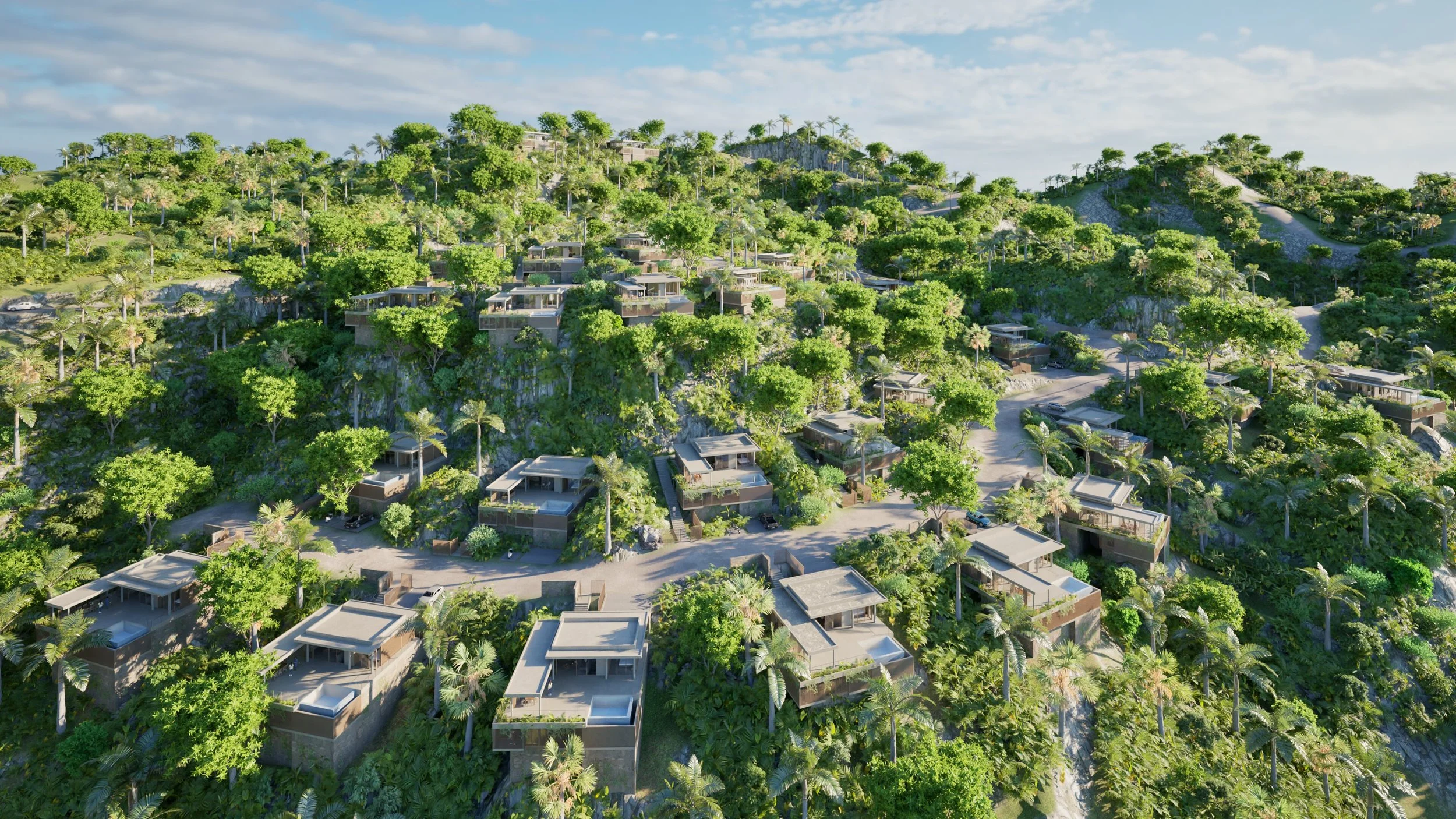 Vista aérea de casas modernas en una colina rodeadas de muchas plantas y árboles.