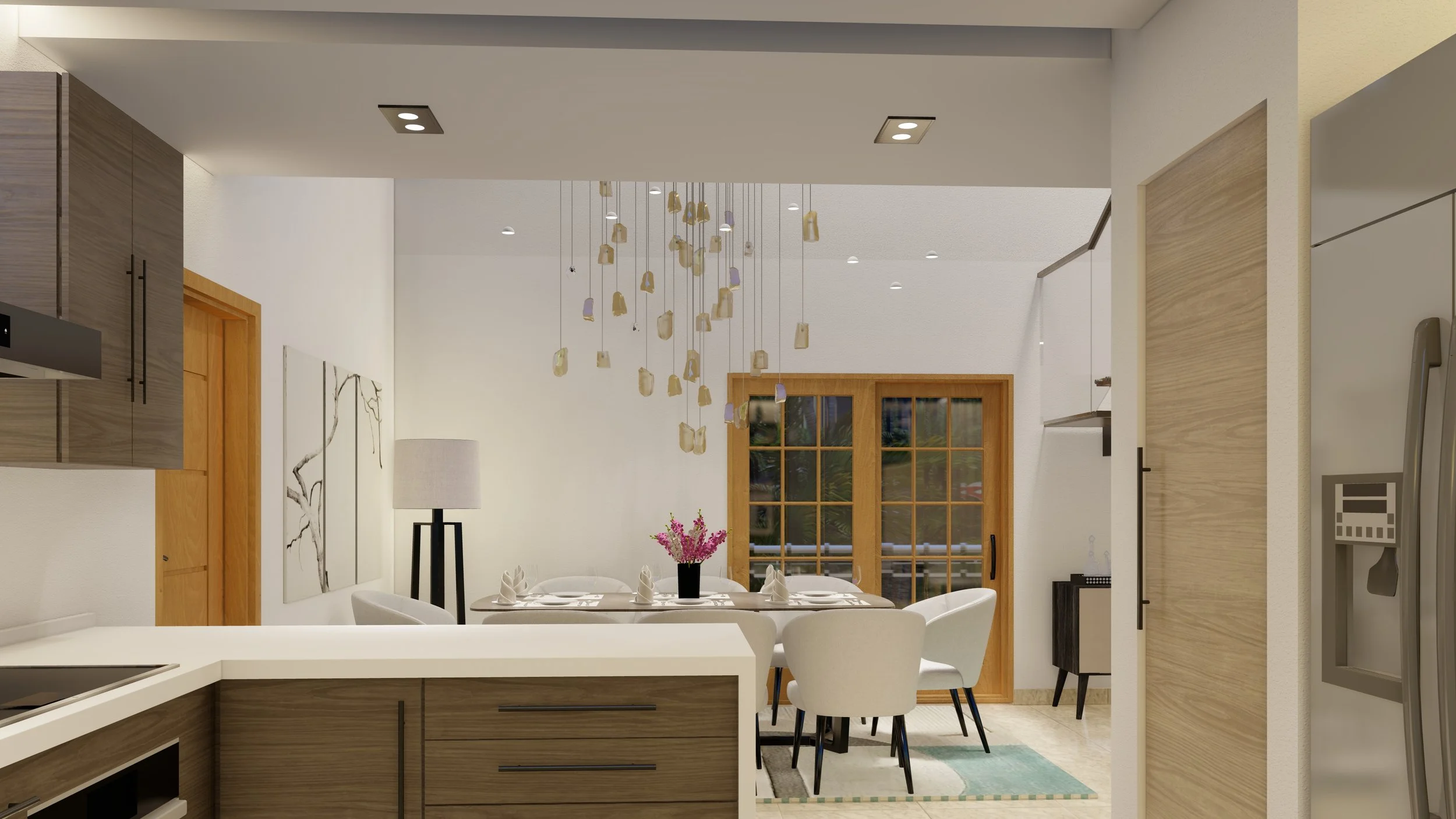 Cocina y comedor modernos con muebles de madera, lámpara de techo decorativa, mesa con vajilla, puerta de vidrio, y nevera de acero inoxidable.