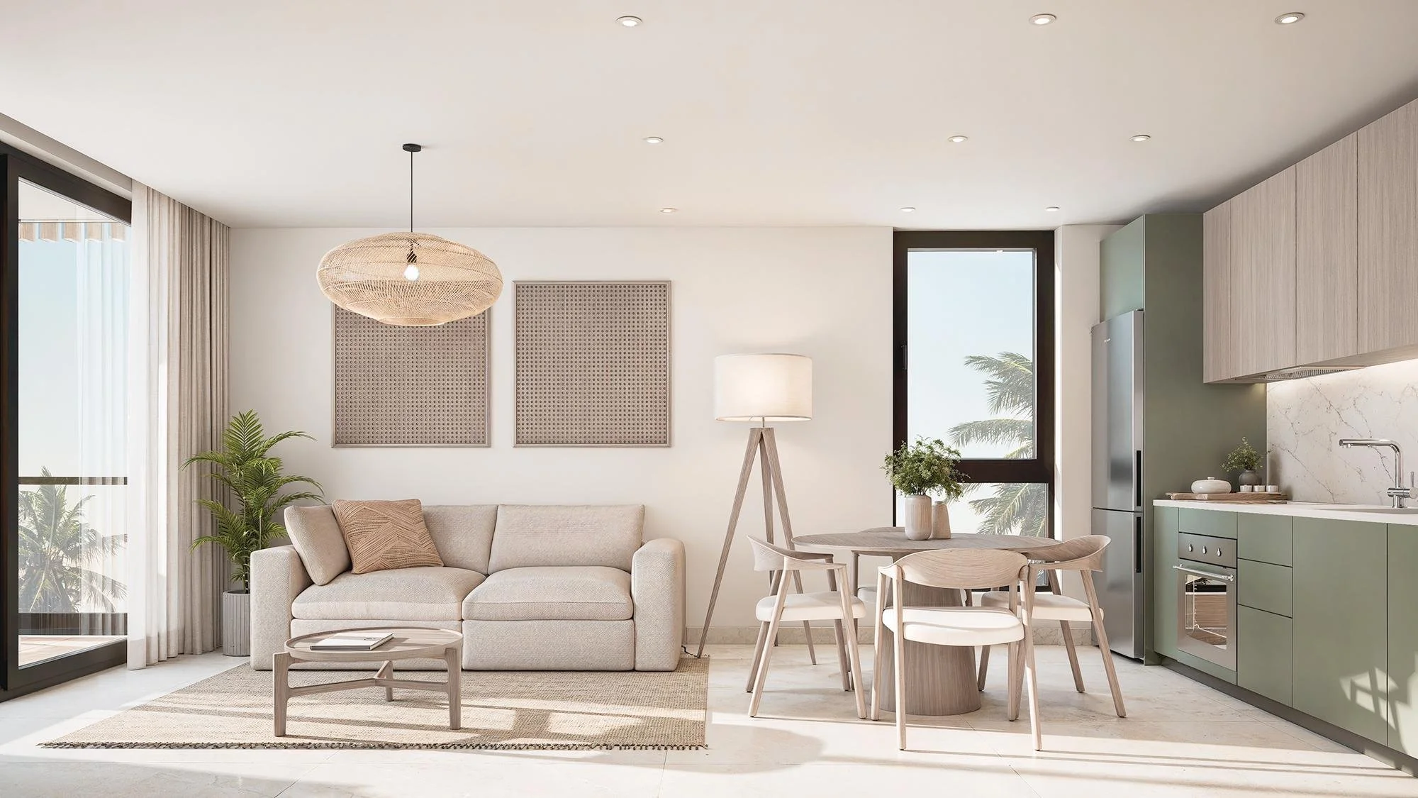 Sala moderna con sofá beige, mesa de centro de madera, lámpara de techo y alfombra neutra. Comedor pequeño con mesa redonda y sillas de madera, ubicado junto a la cocina equipada con frigorífico y encimeras verdes. Grandes ventanales aportan luz natu