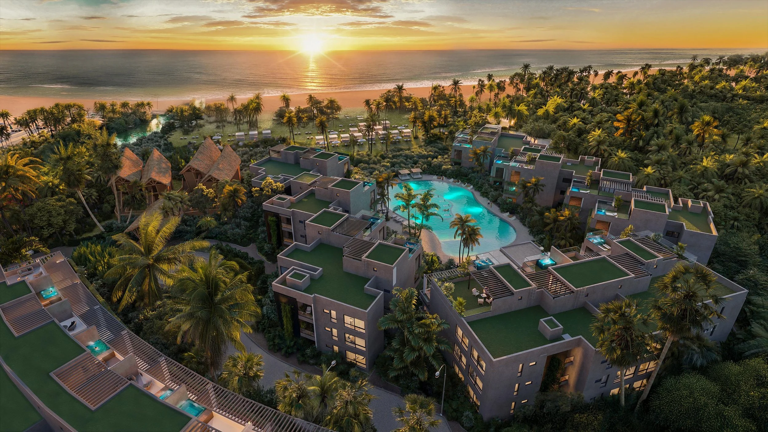 Vista aérea de un complejo turístico junto a la playa con piscinas, jardines y edificios modernos durante el atardecer.