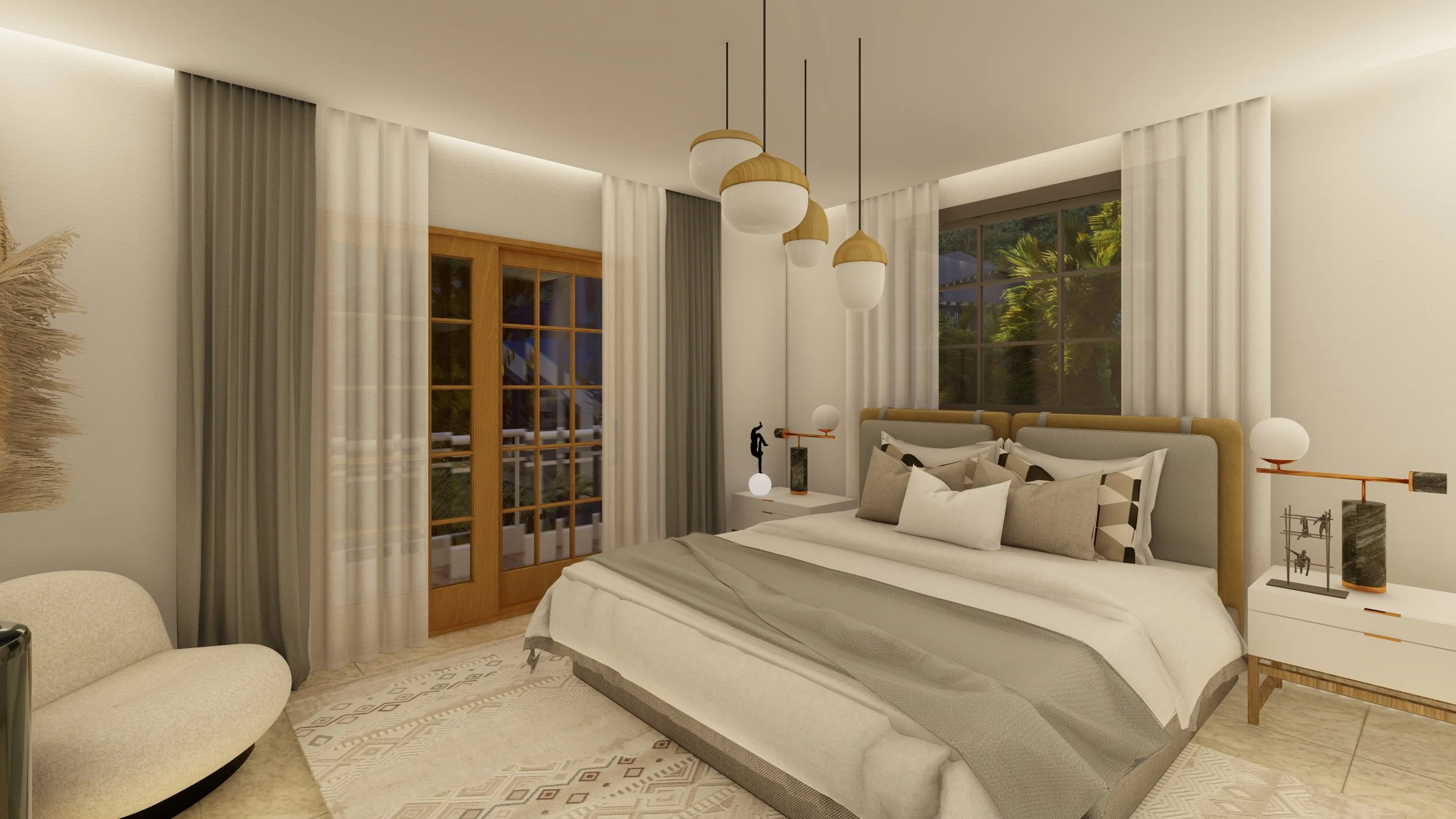 Dormitorio moderno con cama matrimonial, lámparas colgantes, ventanas grandes con cortinas, alfombra beige y muebles de noche.