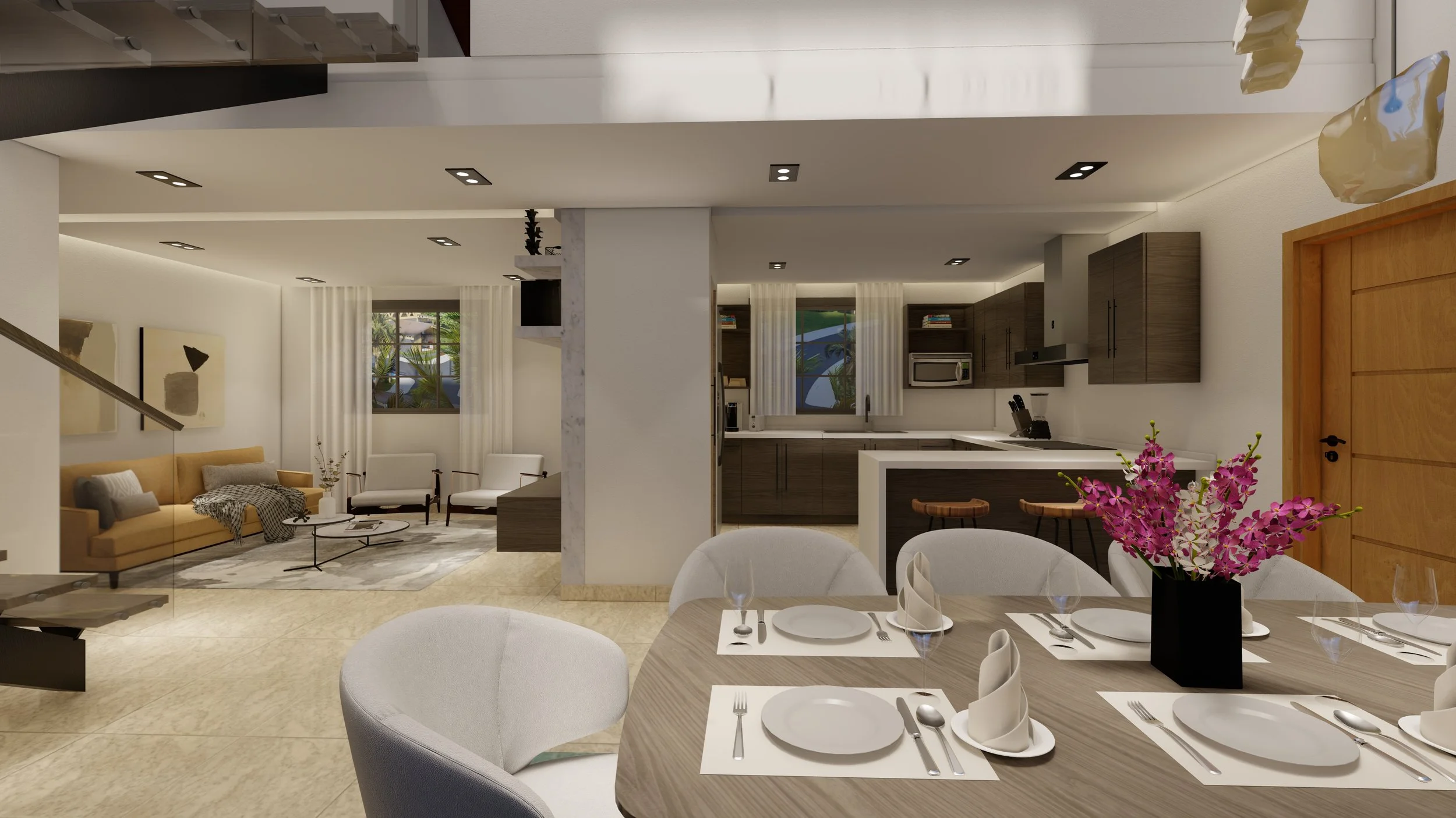 Interior moderno de una casa con sala, comedor y cocina integrados. La sala tiene un sofá amarillo, mesa de centro y sillas. El comedor está preparado con platos, copas y un centro de mesa de flores. La cocina es moderna con gabinetes oscuros y elect