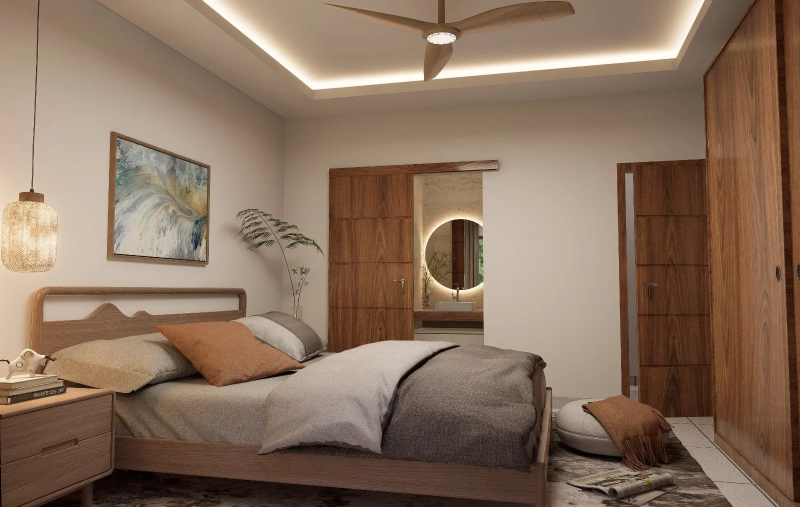 Habitación moderna con cama de madera, ropa de cama beige y marrón, lámpara colgante, cuadro en la pared, ventilador de techo y puerta a un baño con espejo iluminado.