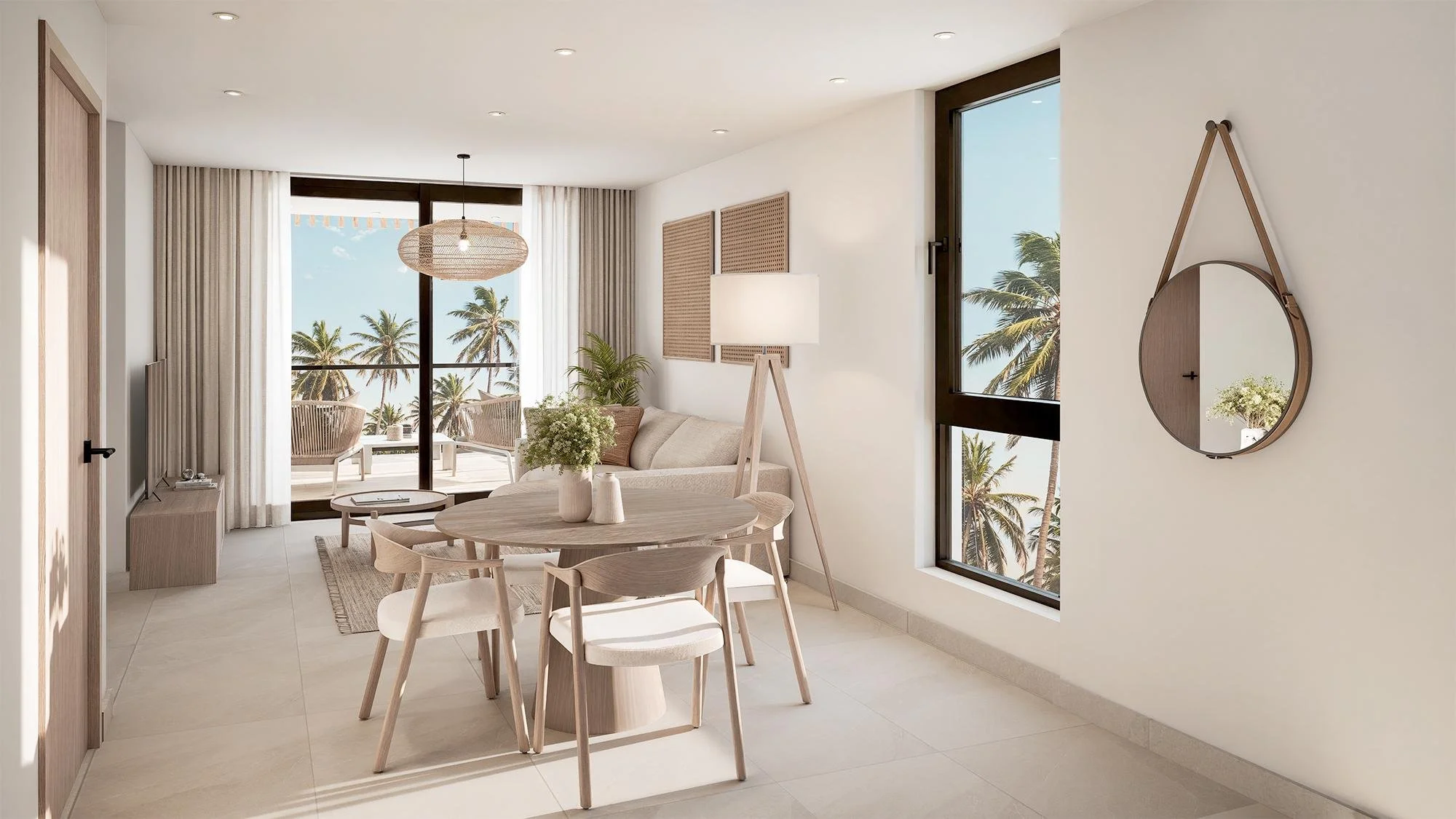 Sala de estar moderna con decoración minimalista, mesa de comedor de madera, sofá beige, lámpara de pie, espejo redondo colgante y ventanas grandes con vista a palmeras.