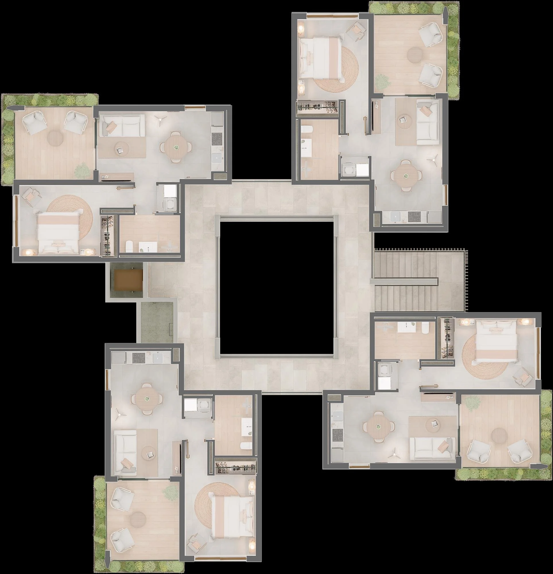 Plano arquitectónico de un edificio con varios apartamentos alrededor de un patio central. Cada apartamento incluye dormitorio, sala de estar, cocina y baño. Hay terrazas con áreas verdes en algunos apartamentos.
