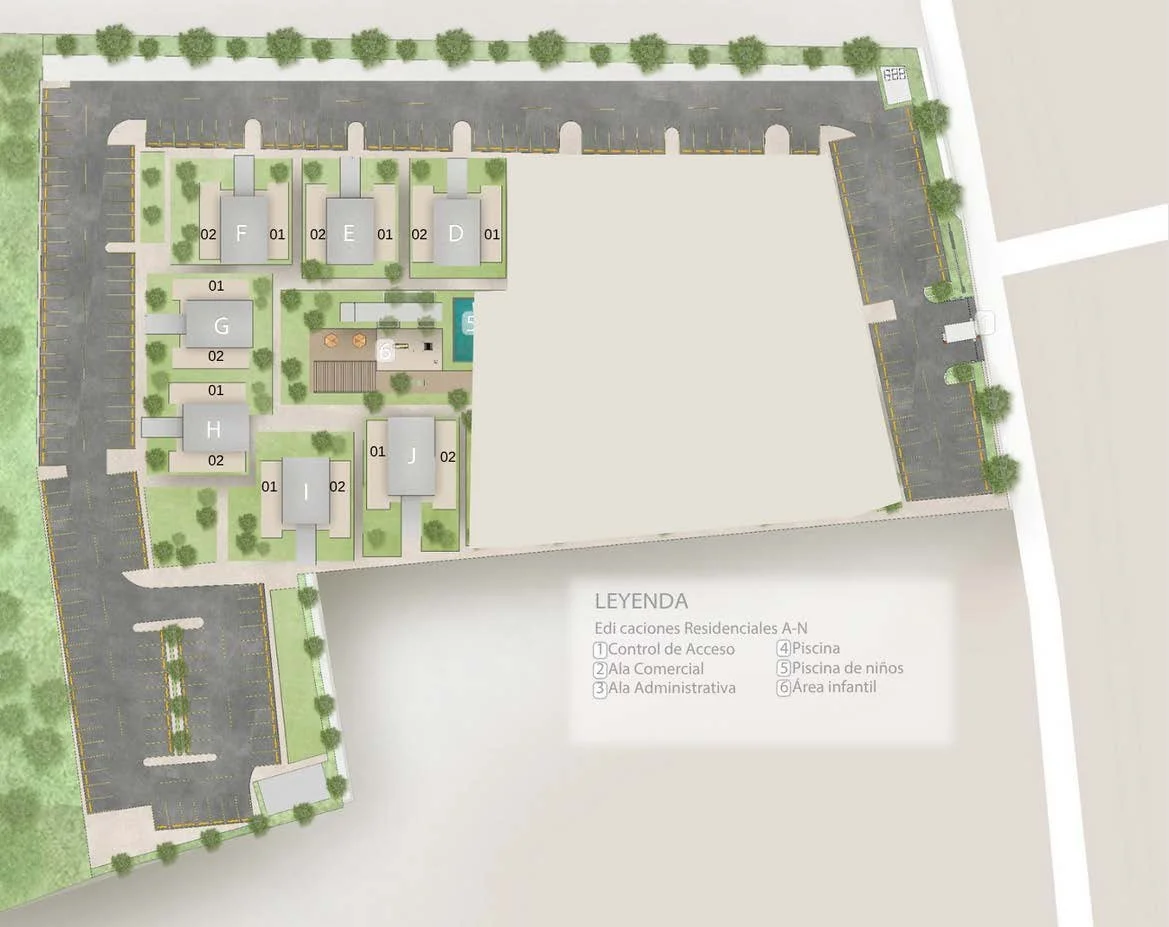 Plano del complejo residencial con áreas de estacionamiento, edificios residenciales, áreas verdes, piscina y área infantil