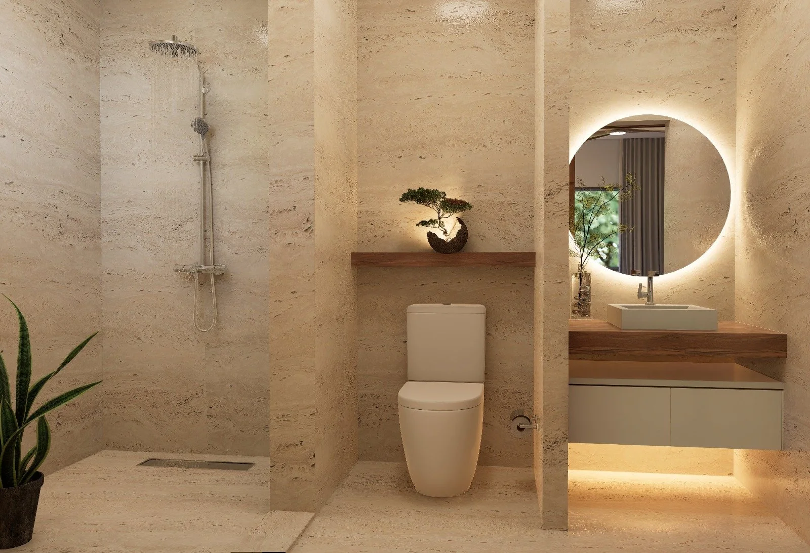 Baño moderno con ducha, inodoro, lavabo con espejo circular iluminado y planta decorativa.