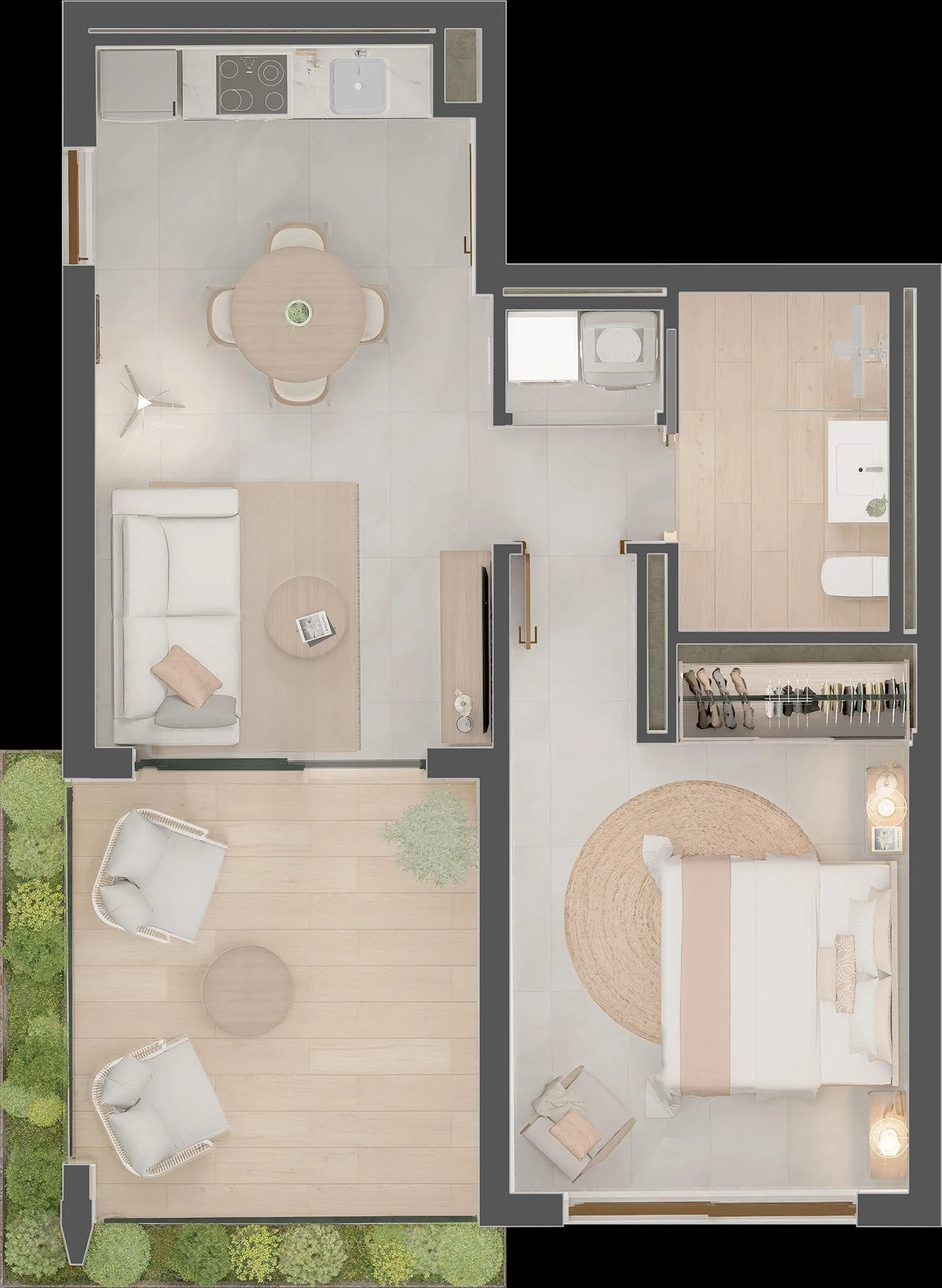 Plano de un apartamento pequeño con sala de estar, cocina, comedor, dormitorio, baño y terraza con muebles de exterior.