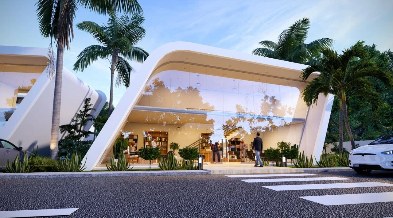Edificio moderno con fachada de vidrio, rodeado de palmeras y plantas, con personas en su interior.