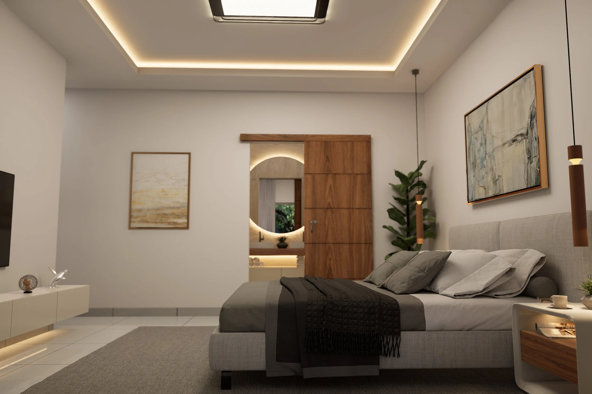 Dormitorio moderno con cama doble, pinturas en la pared, mesita de noche, plantas decorativas y puerta corrediza de madera iluminada con luces LED.